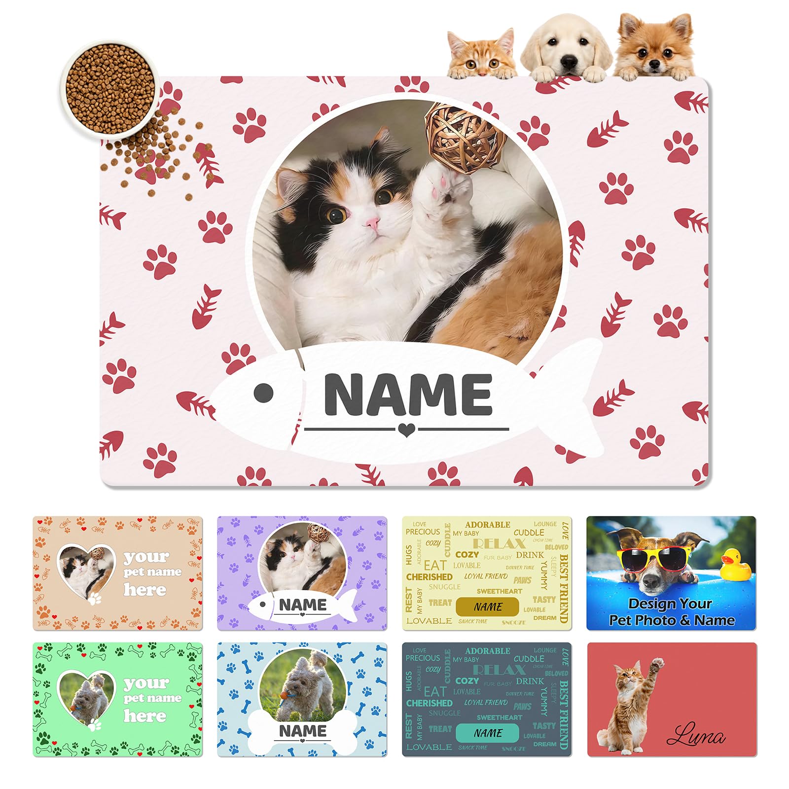 Custom Dog Bowl Mat with Name Photo,Personalised Cat Feeding Mats,Absorbent PU Non Slip Rubber Backing,Customised Pet Food Mat for Indoor Floors,Near Dog Bed,Cat Area, for Friend Family