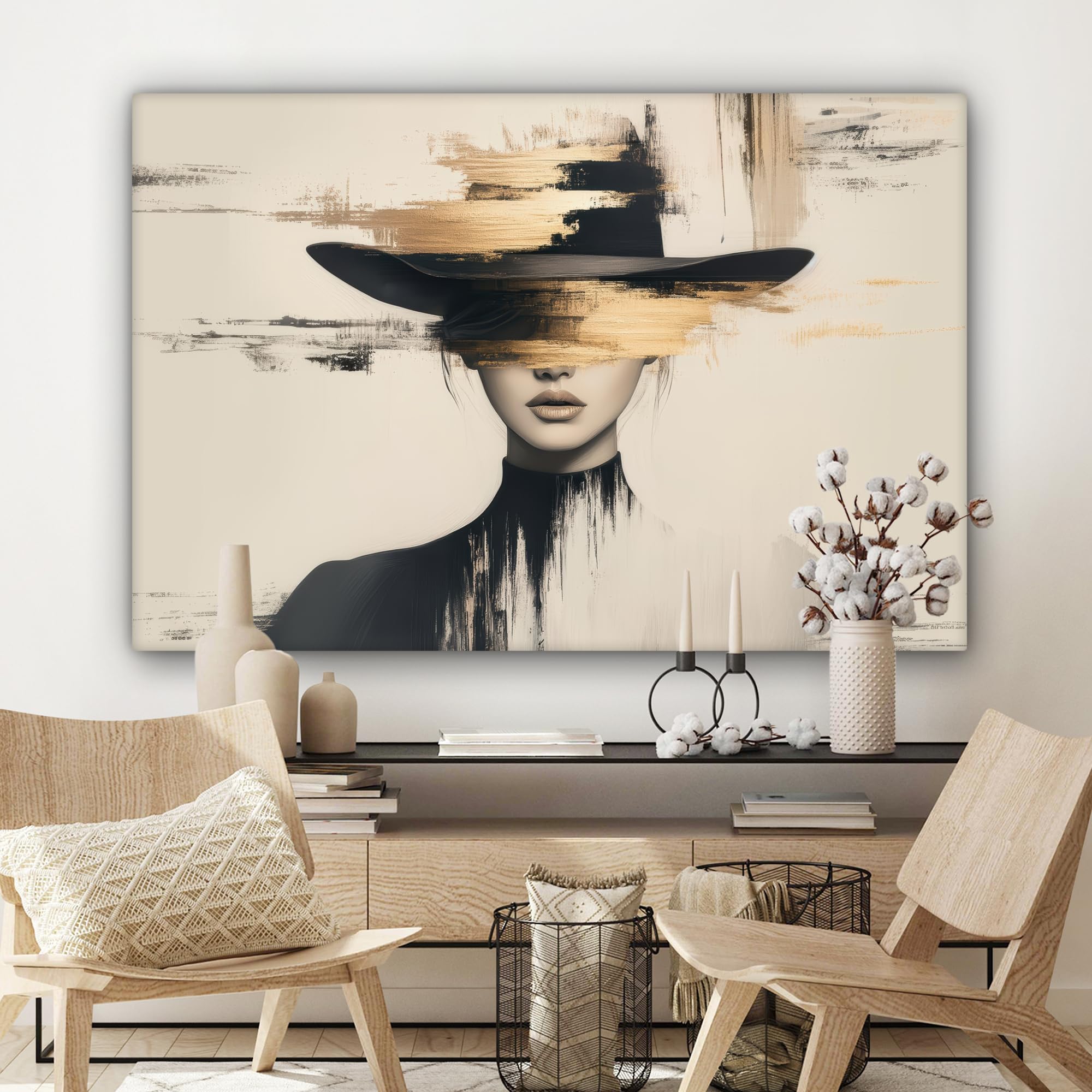 MuchoWow© Quadro Moderno Soggiorno 120x80 cm Decorazioni Da Parete Quadri Su Tela Da Salotto Grandi Foto Con Cornice Stampe Su Tela Camera Da Letto Donna - Cappello - Pittura
