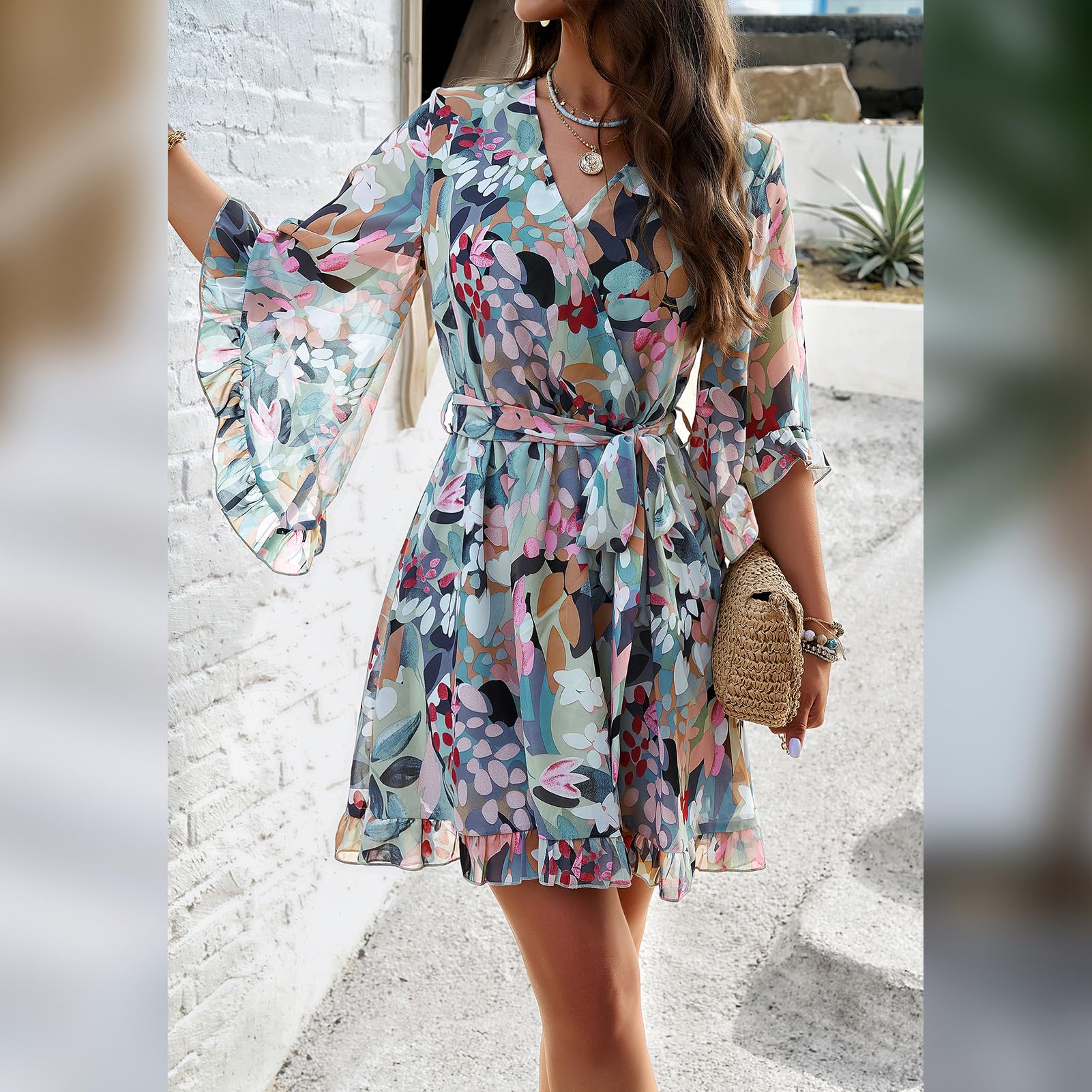 Odizli Abito estivo da donna, corto, elegante, floreale, in chiffon, con scollo a V