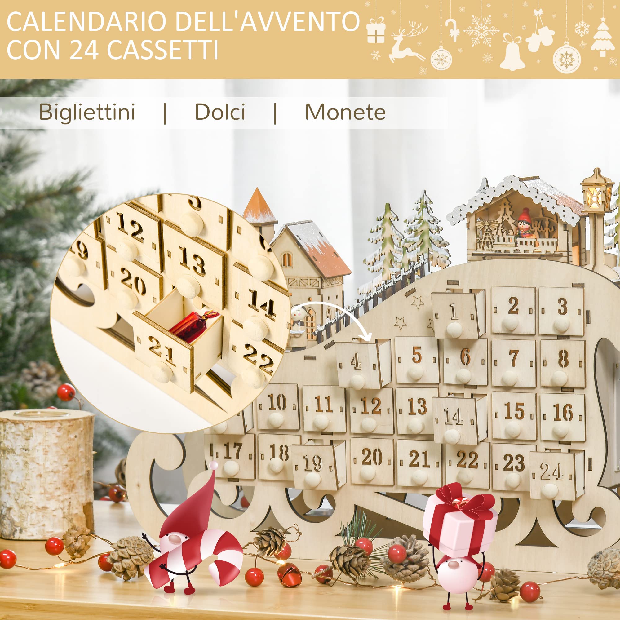 HOMCOM Calendario dell'Avvento in Legno a Slitta 24 Cassetti 45x10x31cm | da Riempire, Decorazioni, Luci a LED