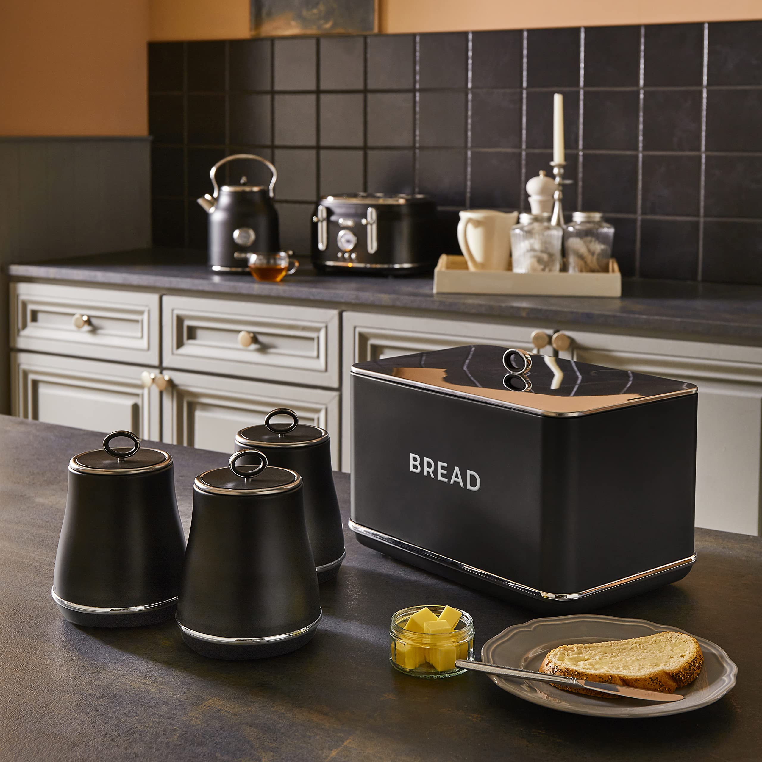 Tower Renaissance Bread Bin & Tea, Coffee & Sugar Storage Canisters ...