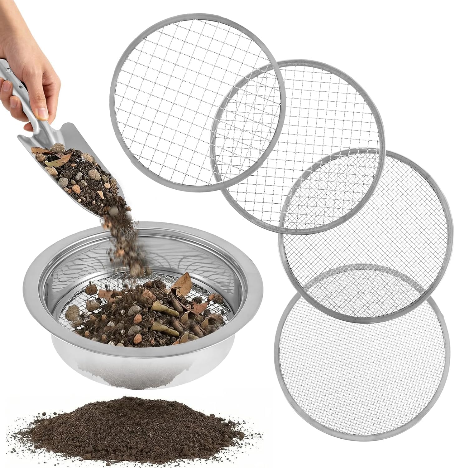 Jokapy 5 Sieve Networks 7Pcs Stainless Steel Soil Sieve Set With Spade Garden Sieve Garden Potting Mesh Sieve Sifting Pan With 5 Interchangeable Sieve-Inserts (1,3,6,9,12Mm) For Soil, Weeds, Cat Litter, Compost