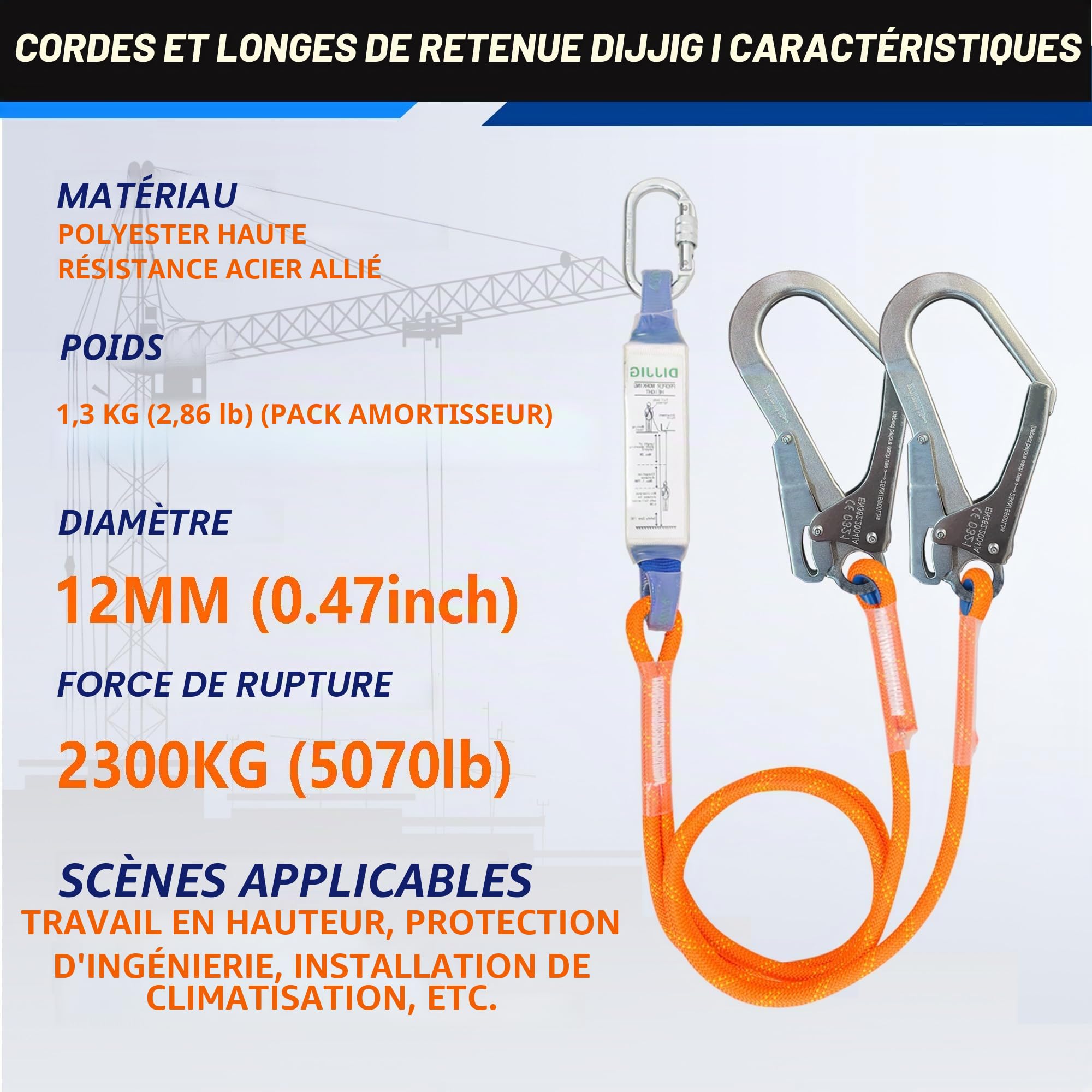 DIJJIG Kit de Harnais de Sécurité avec 1.8M Lanyards Protection de La Taille et Des Épaules Projets de Construction Opérations de Toit à Haute Altitude Harnais de Sécurité Anti-Chute CE