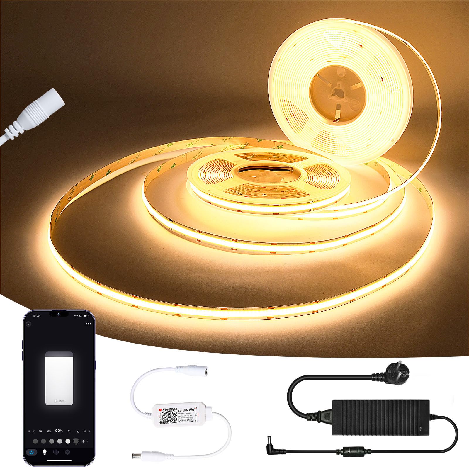 15M Tira LED, Luces LED Habitación, COB LED Strip lights, Sincronización Musical WIFI, Tira LED de 2700k Warm white, 384 leds/M DC12v, CRI90+ 5670lm,Compatibilidad Google Home Assistant/alexa