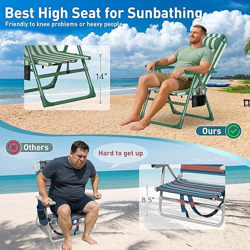 Miniatura 3 de Suteck Sillas de playa tipo mochila para adultos, paquete de 2, silla reclinable plegable de 6 posiciones con bolsa enfriadora y soporte para tazas,