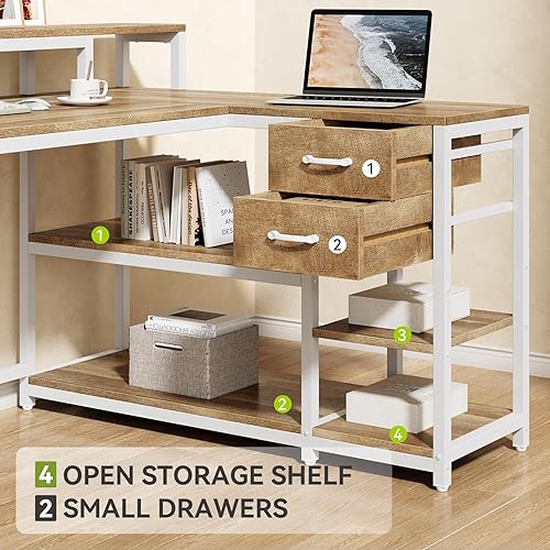 Miniatura 6 de LITTLE TREE Escritorio para computadora en forma de L de 55 pulgadas, escritorio reversible para oficina en casa con cajones de archivos y soporte