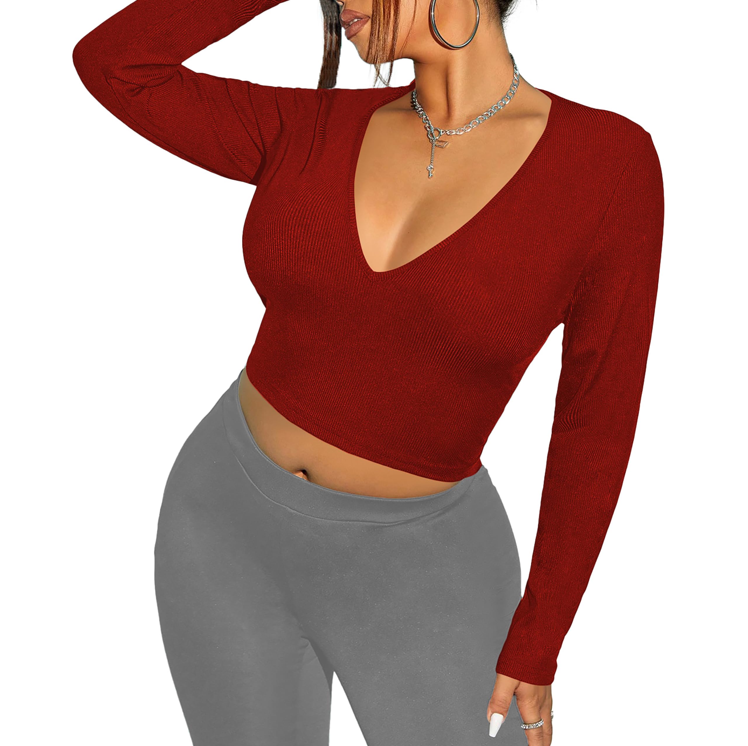 Women's Cotton Stretchable Basic Solid V Neck Full Sleeve Stylish Crop Top T-Shirt for Women L394-picture-11