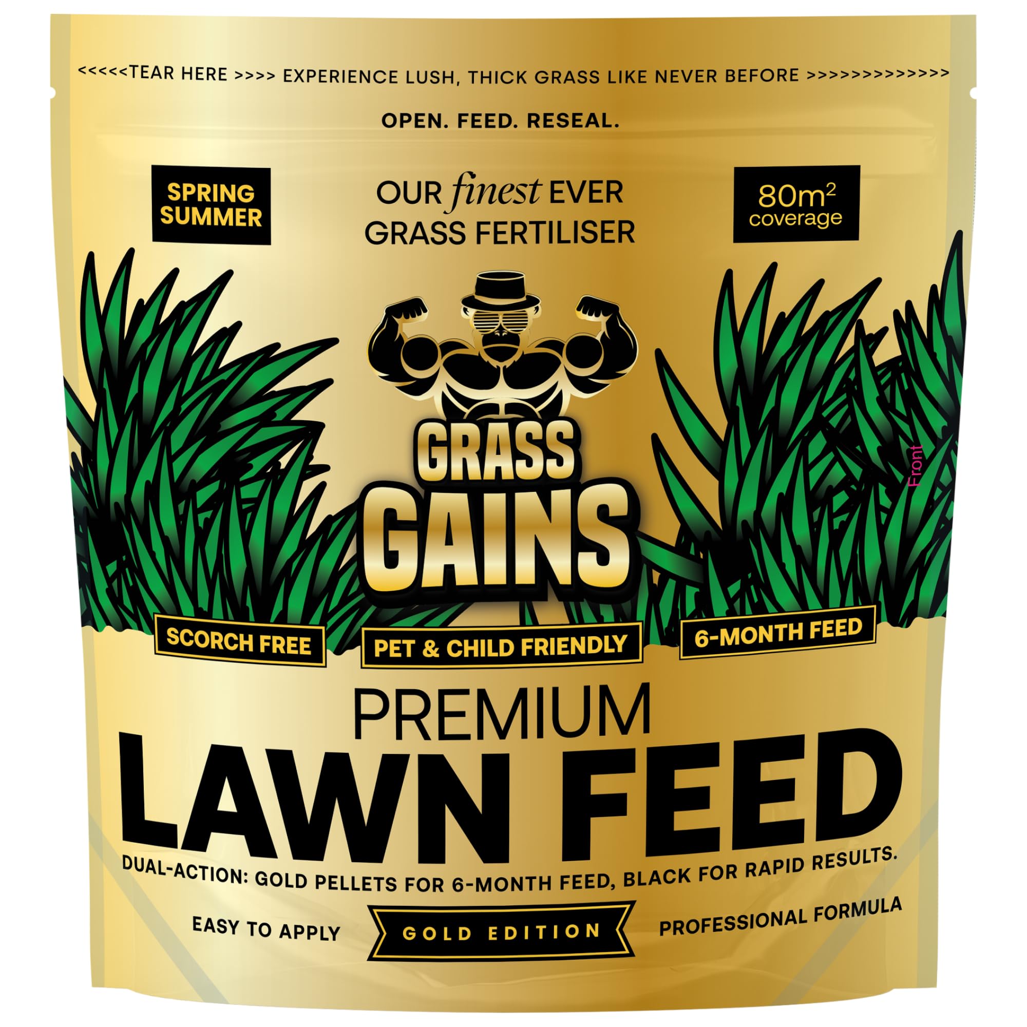 Grass Gains Premium Lawn Feed, 5-6 months longevity giving amazing results! Coverage 80m2, scorch free and pet/child friendly. Perfect for spring/summer use. 2KG