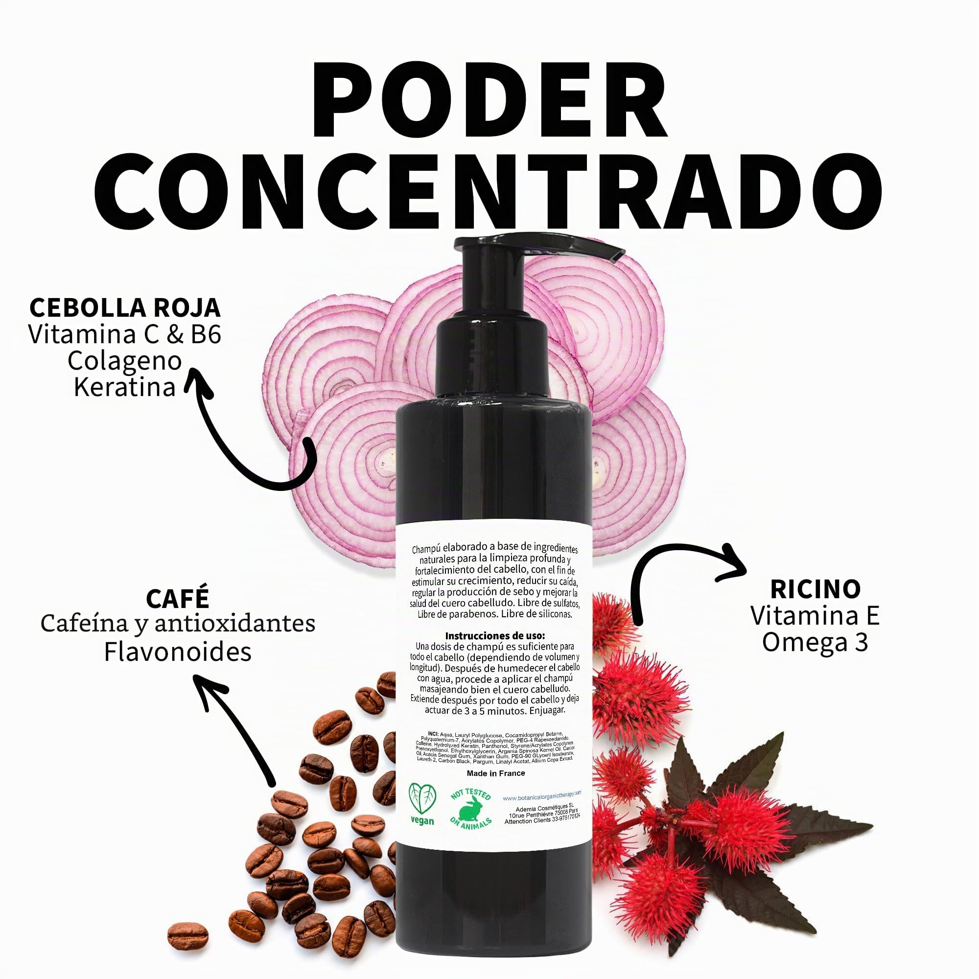 Champú de Cebolla, Cafeína y Ricino Control Antigrasa | Estimulador de Crecimiento Capilar | Anticaída | Seborregulador | Anticaspa, Negro, 2000 ml