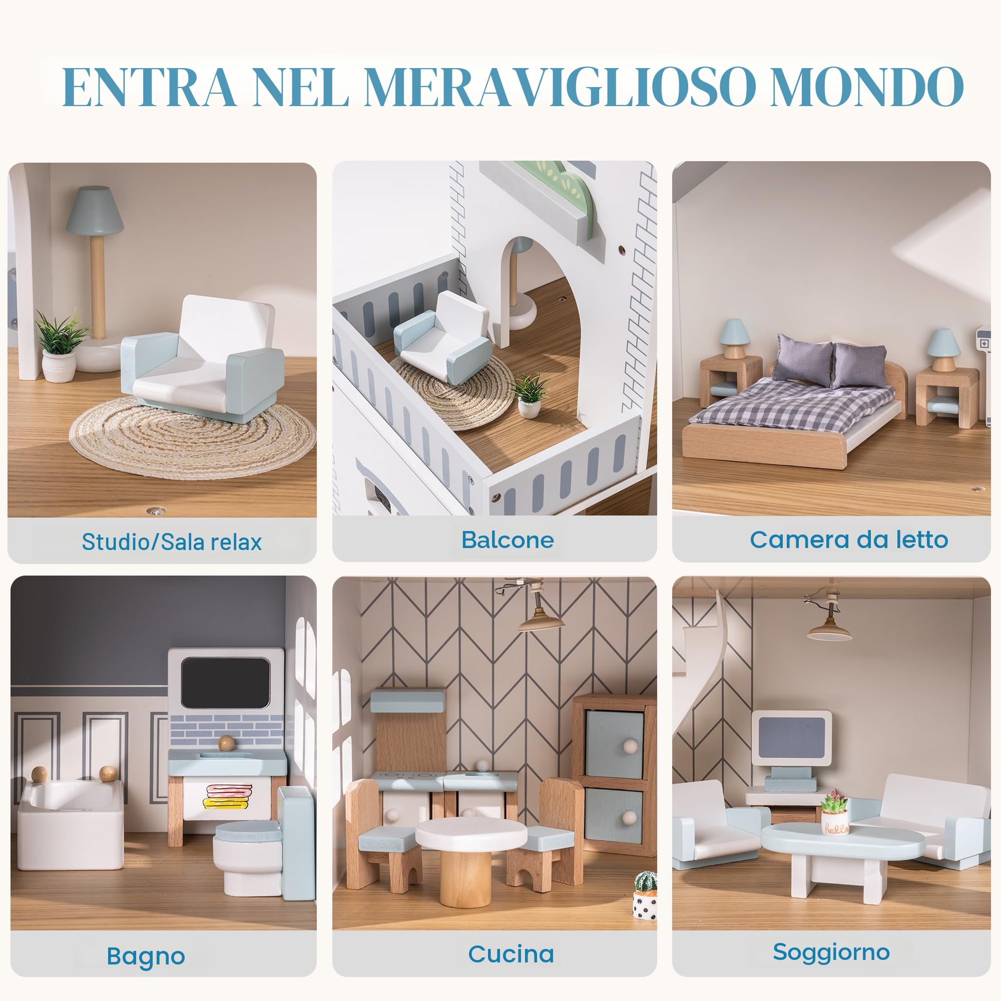 ROBUD Casa delle bambole in legno luci,3 piani, inclusi mobili e scale, giocattoli per bambini dai 3 anni in su