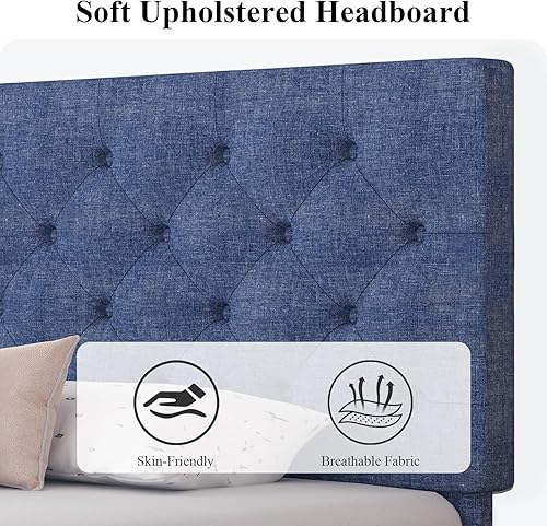Miniatura 6 de HOMBCK Marco de Cama Queen con Cabecera Capitoné con Botones, Marco de Cama de Plataforma Tapizada Azul, Tela SuaveSoporte de Listones de MaderaNo