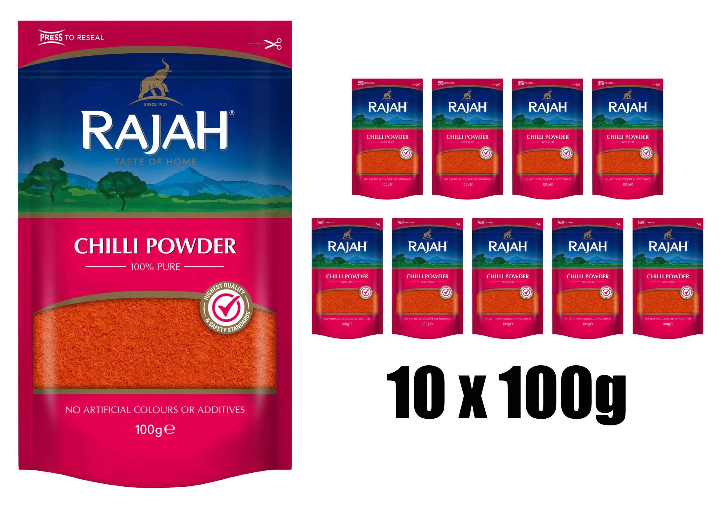 Rajah Spices Chilli Powder | Lal Mirch Powder | Mirch Powder | Chilli | Red Chilli Powder | Hot Chilli Powder | (10 x 100g)