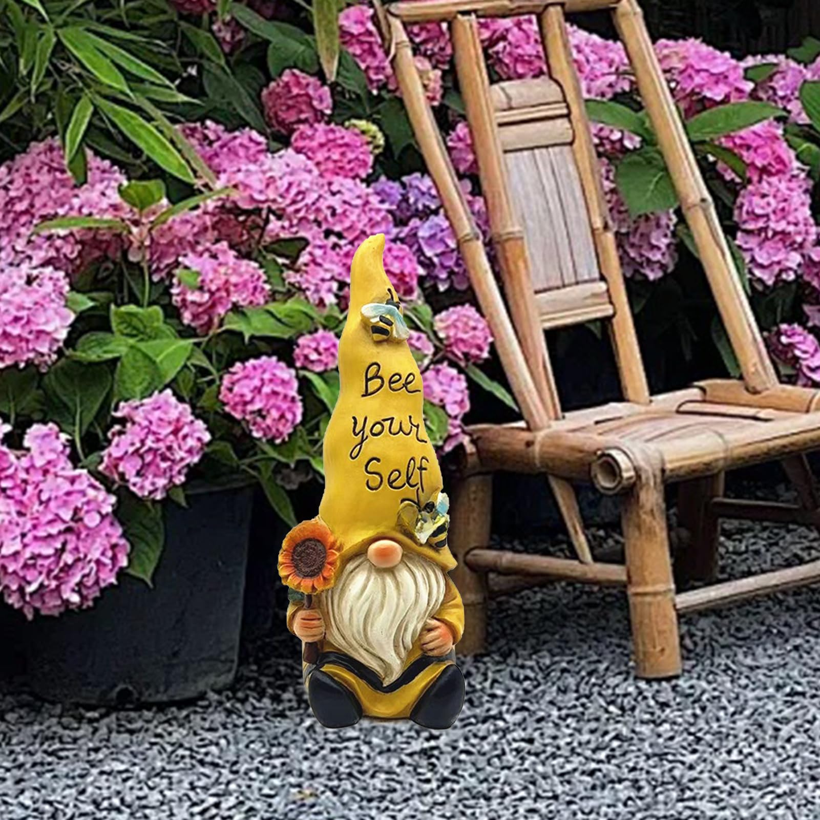 GNOME Elf Statua da giardino, in resina, nano da giardino con cappello, graziosa figura da giardino per aiuola, terrazzo e prato 14 * 9.5 * 24.5 cm (Girasole giallo)