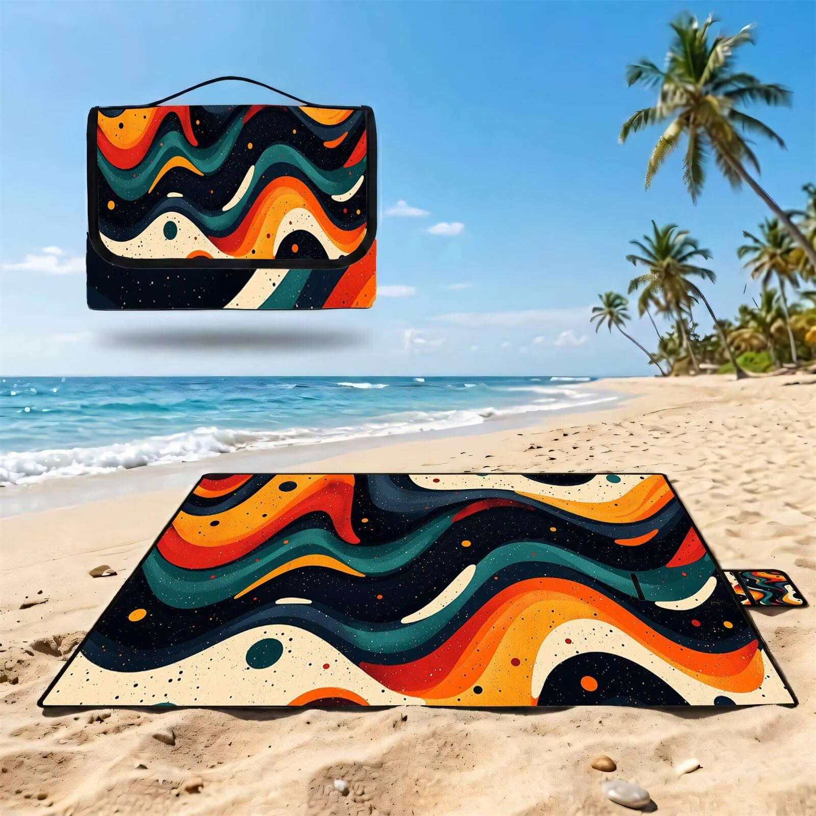 Couverture Pique Nique Grande 200x300cm,Outdoor Couverture Imperméable,Pliable Tapis de Plage Dos en PVC,Picnic Blanket pour Camping Accessoires,Jardin,Parc,Famille - Abstrait,coloré (3) UZ-555