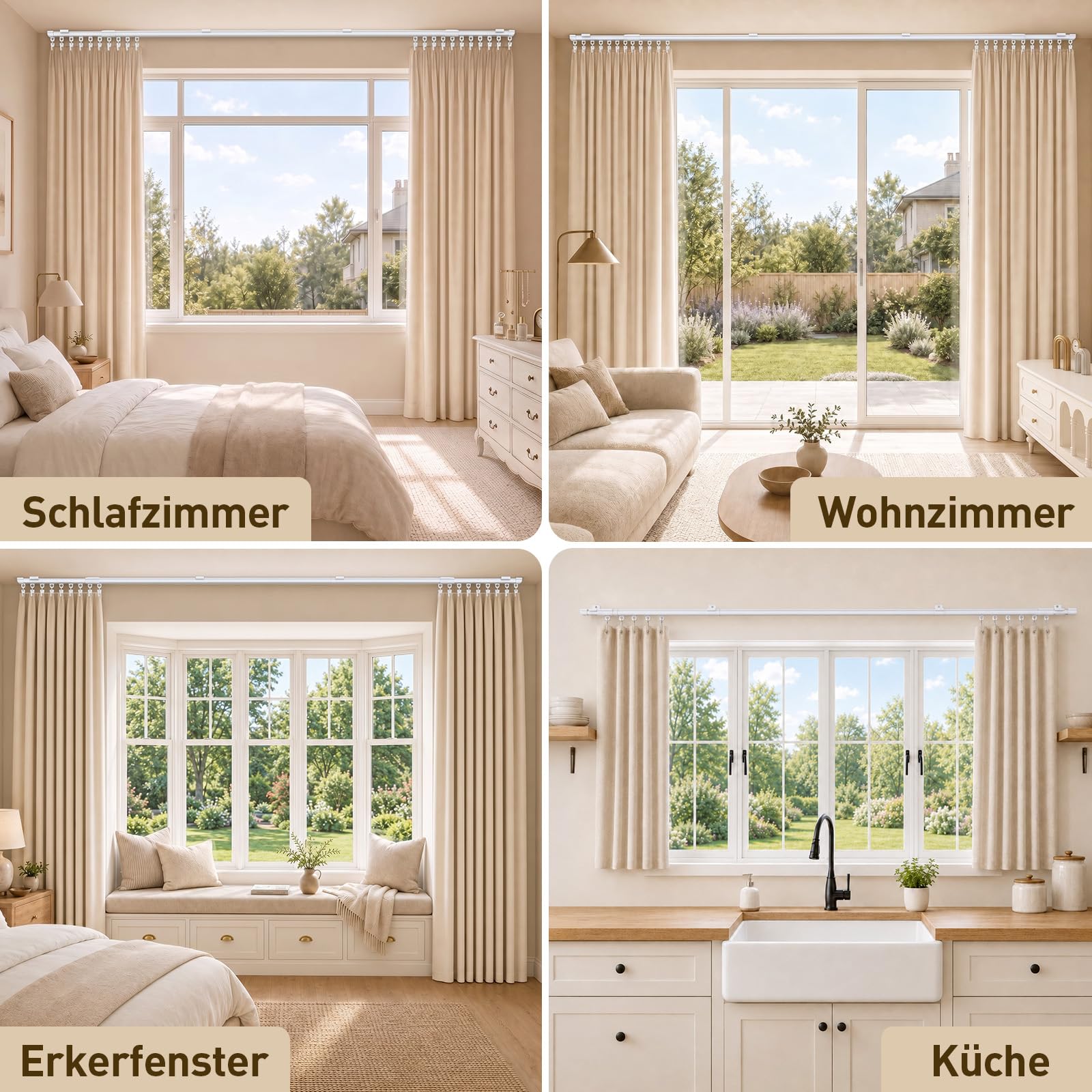 Gardinenschiene 1-läufig aus Aluminium, Teleskop 90‑275 cm Vorhangschiene weiß, Wand‑ und Deckenmontage, kein Sägen, für Wohnzimmer, Schlafzimmer, Balkon