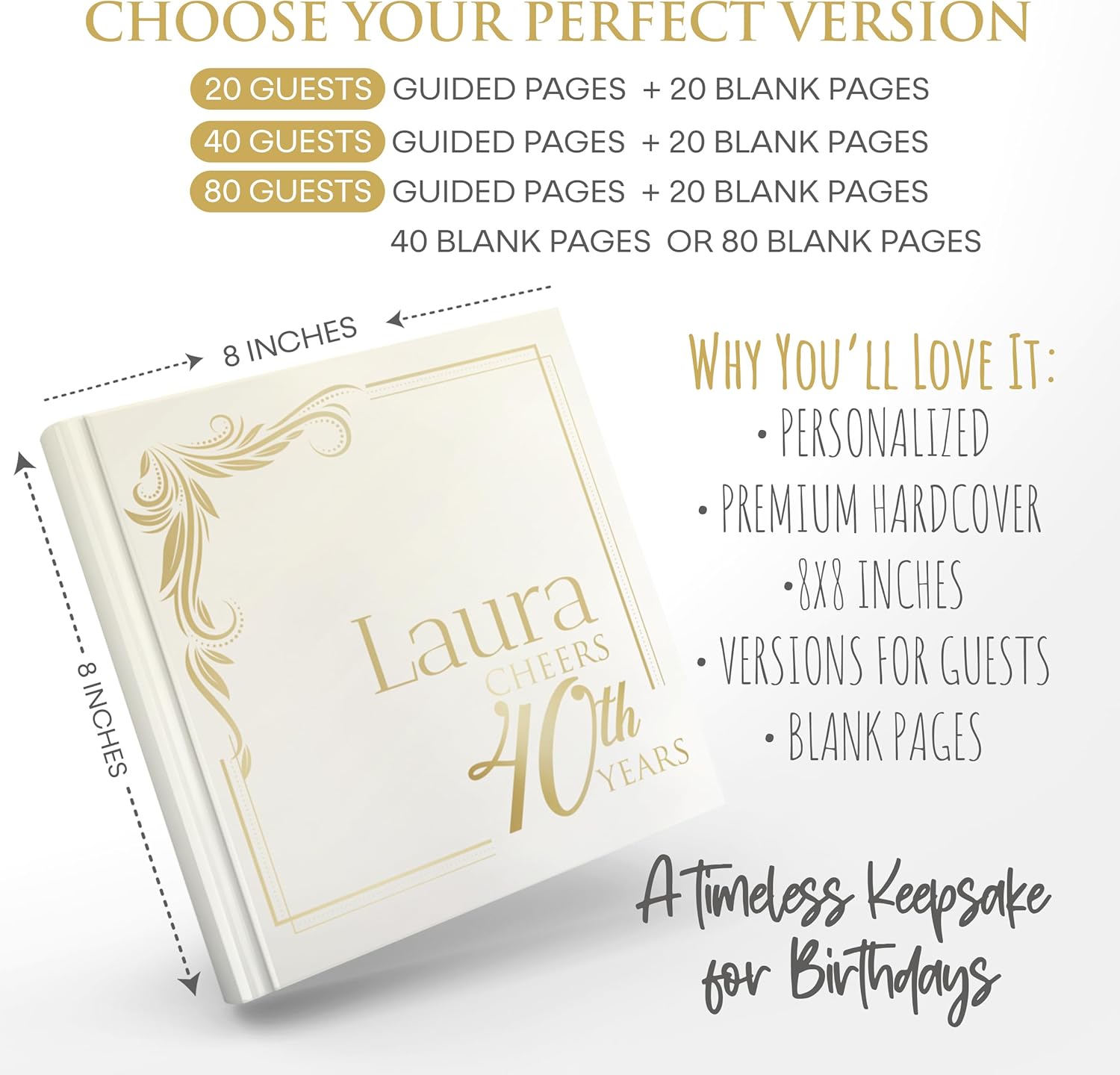 Personalized 40th Birthday Guest Book – Custom Hardcover Sign Book for Men and Women, Memory Keepsake for Party and Celebration (80 guests)