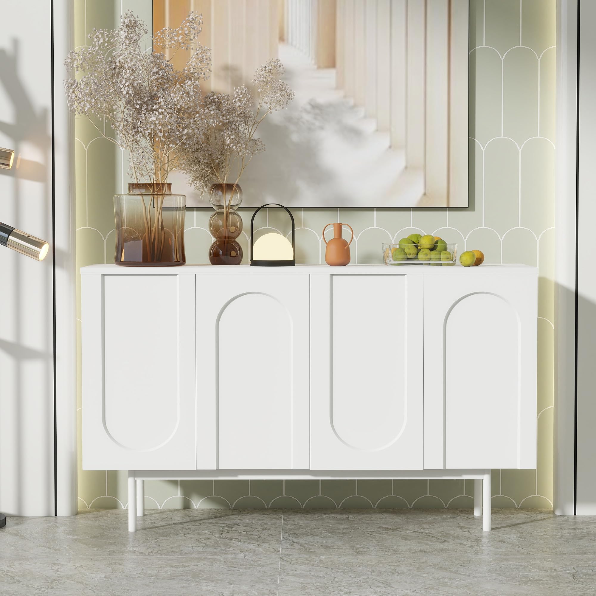 Kredens z 4 drzwiami, biały, MDF, 140 x 42 x 80 cm, nowoczesny, minimalistyczny design z łukowym wzorem, do jadalni i salonu