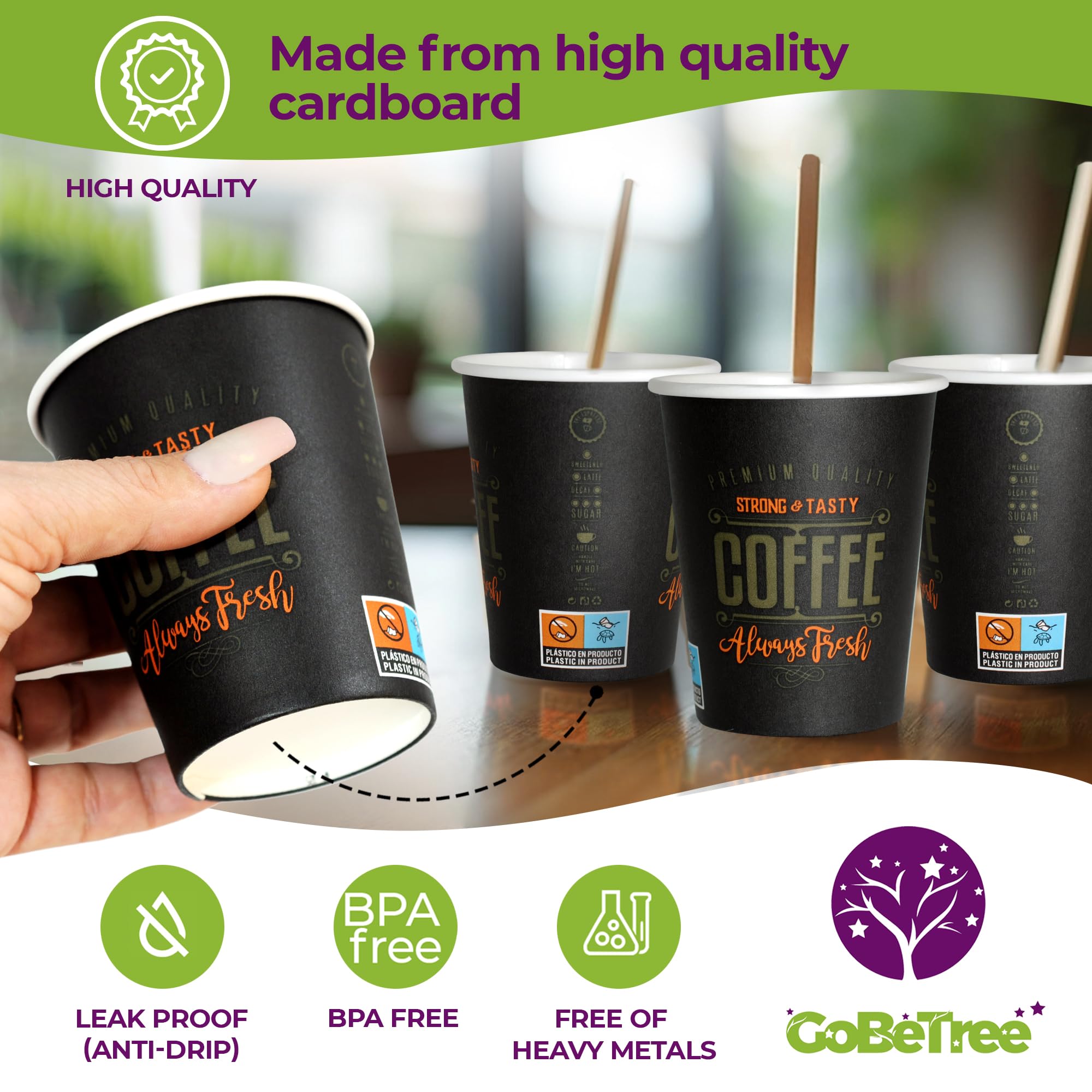 100 Gobelets à Café Jetables 240 Ml (8 Oz) Avec Agitateurs En Bois - Carton Recyclable - Idéal Pour Bureau Ou événements