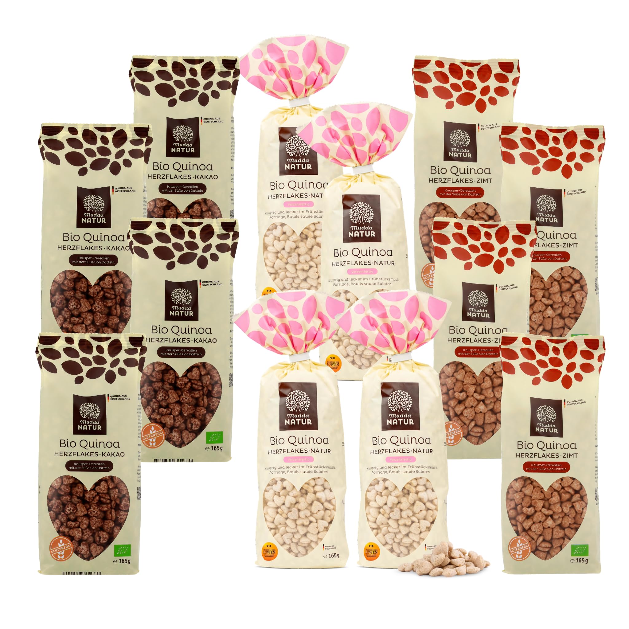 Mudda Natur Bio Herzflakes Set Natur Kakao Zimt 3 Sorten | 3 Bio Herzflakes Sorten im Set: Natur, Kakao sowie Zimt & Dattel, glutenfrei und vegan