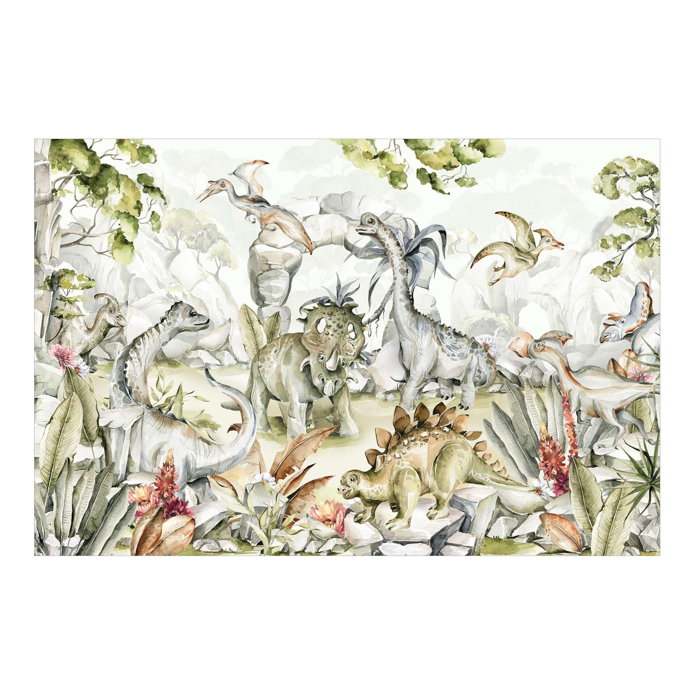 Papier peint panoramique dinosaure aquarelle pour une chambre bébé douce