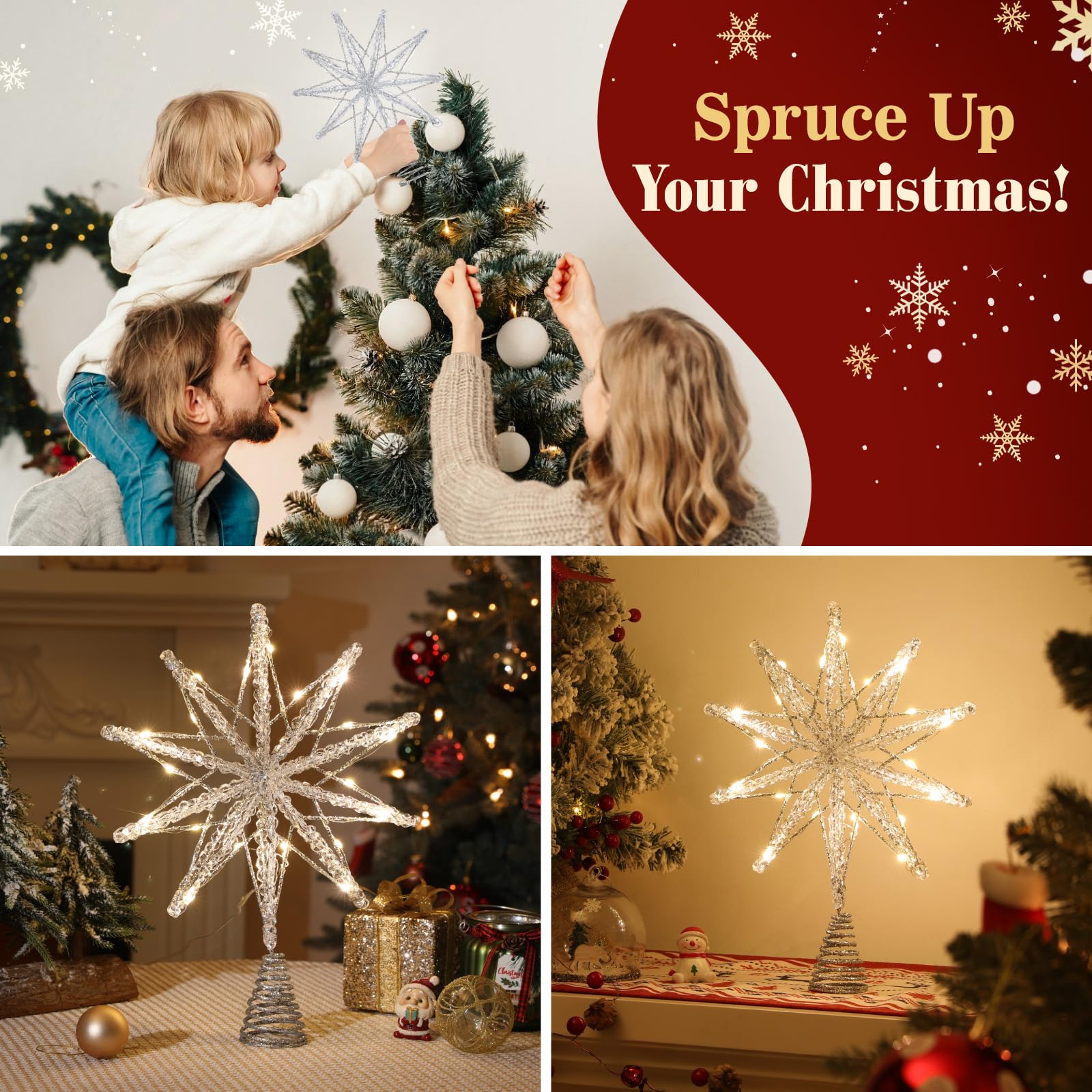 Lewondr Stella Cima Per Albero Di Natale 20 LED, 13.8 Pollice Stella A 10 Punte In Resina Lucente, Cima Alimentata A USB E Telecomando Per Decorazione Albero Di Natale, Timer 6H & 8 Modalità, Argento