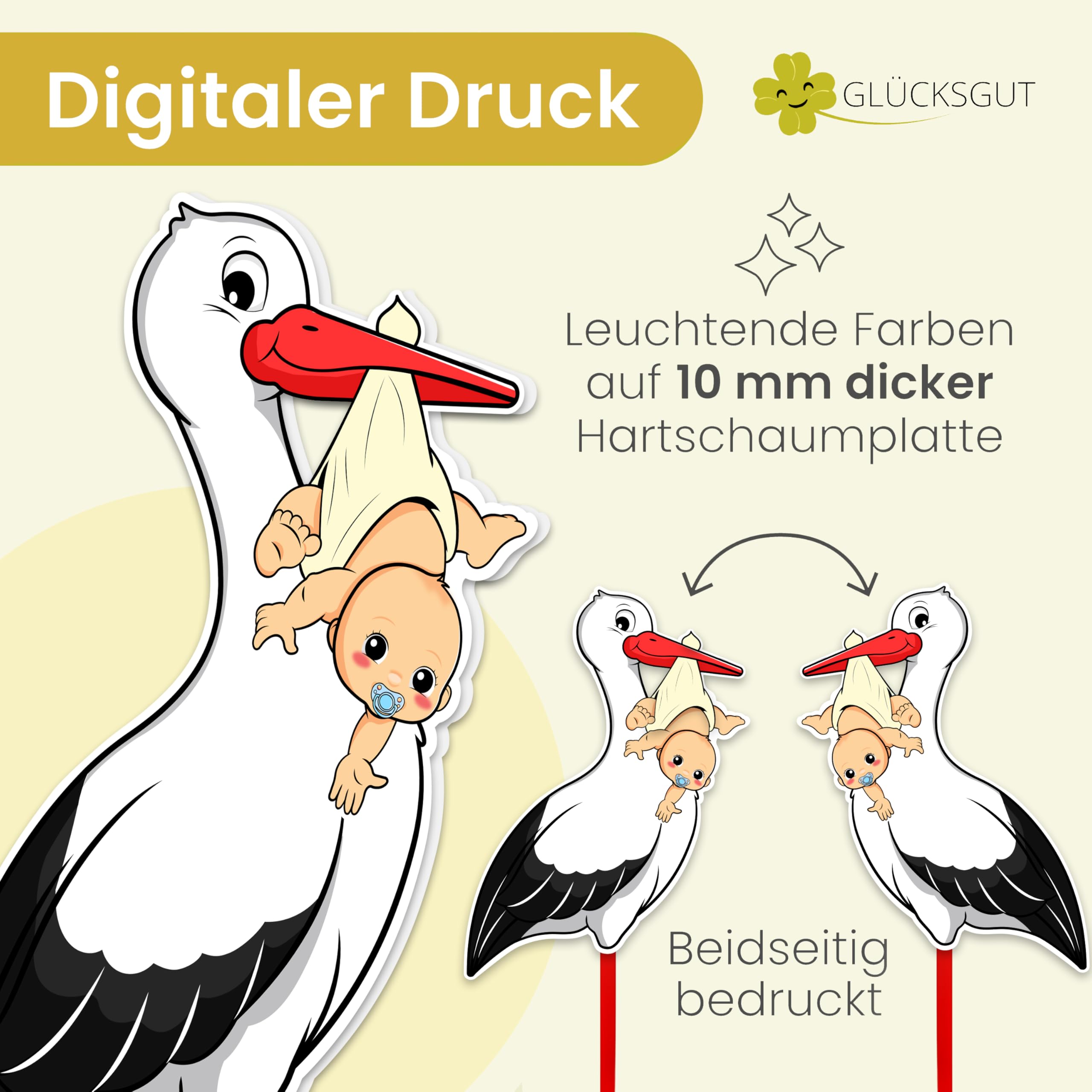 GLÜCKSGUT® Klapperstorch Baby Gelb, 88 cm | 2-teiliges Set | Geburtsstorch inkl. Bambusstab + Grußkarte | Storch Geburt für Draussen & Drinnen | Geburtsgeschenk