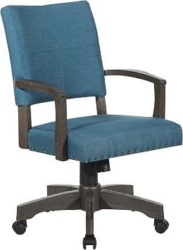 OSP Home Furnishings Santina Cushioned Bankers Desk Chair with Tailored French Seam and Nailhead Trim, Solid Wood Arms and 5-Star Base in Antique Grey Finish, Blue Fabric