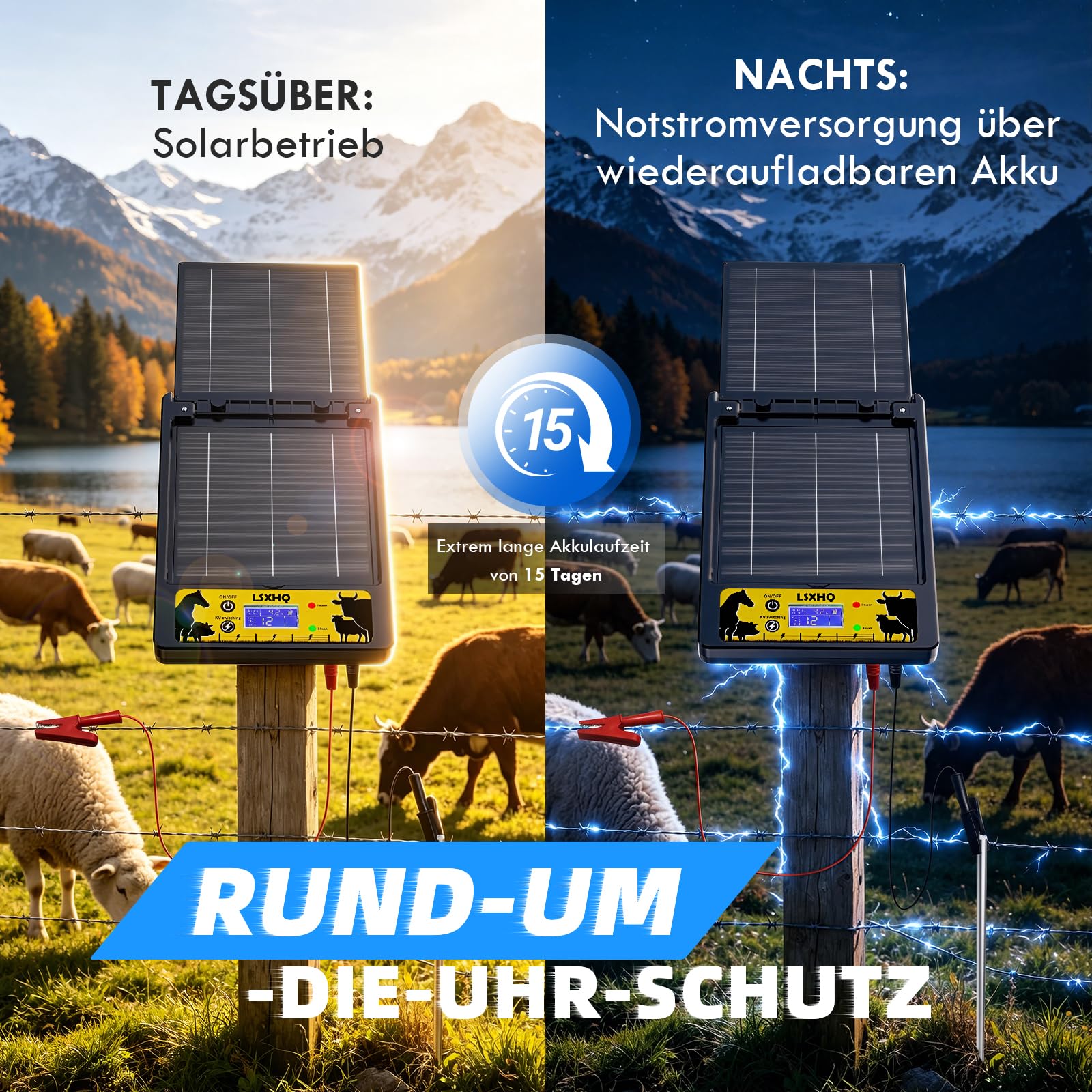 Solar Weidezaungerät für 32 KM Reichweite, 18000mAh Lithiumbatteri, Elektrozaungerät mit 10W-Solarpanel, 0.3-2J, 6KV-12KV Einstellbar, Zuverlässiger Schutz für Geflügel, Vieh und Haustiere (Schwarz)