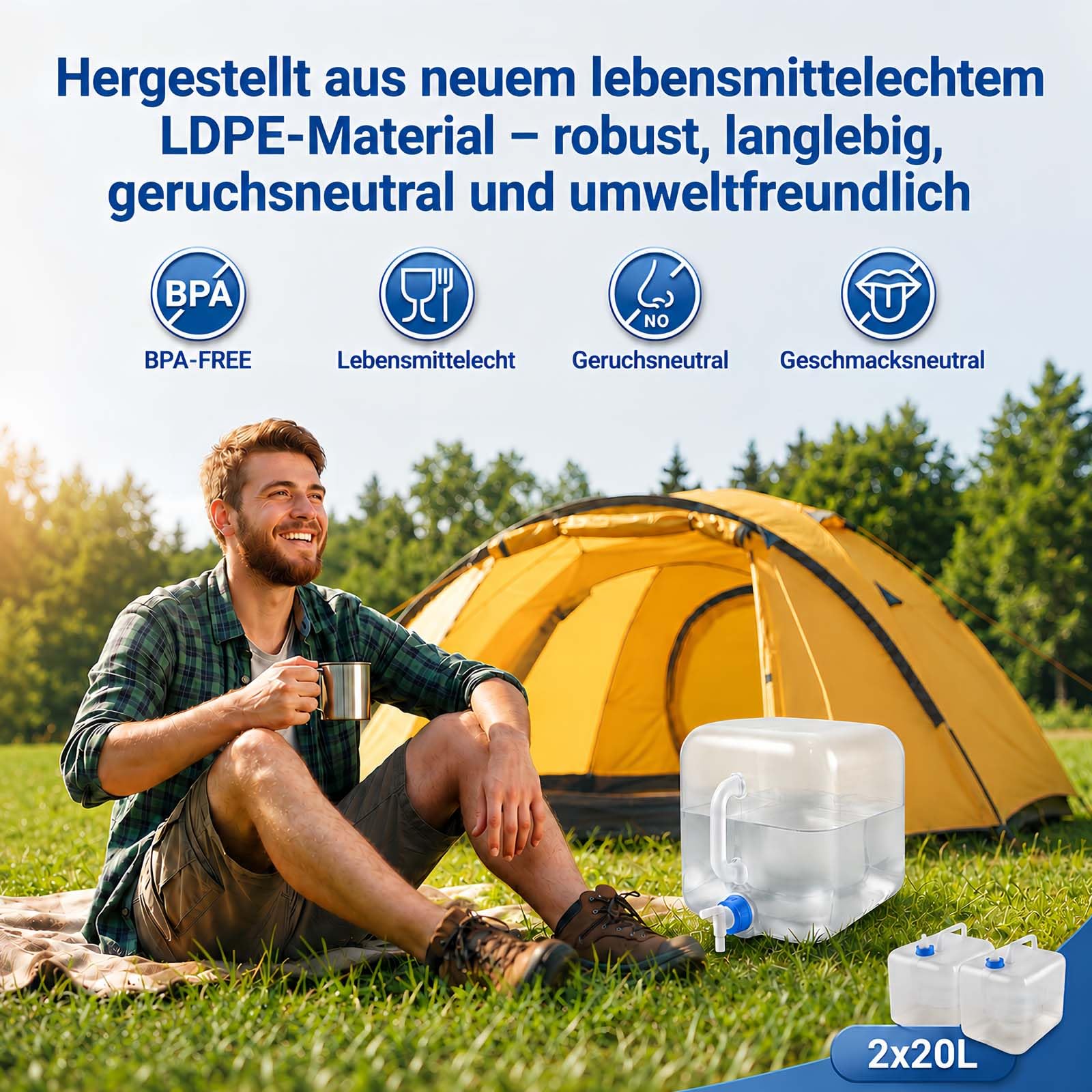 2 x 20L Tanica Acqua Pieghevole con Rubinetto e Maniglia, Contenitore Acqua Potabile BPA Free, Serbatoio Acqua Portatile per Campeggio, Emergenza, Outdoor ed Escursionismo