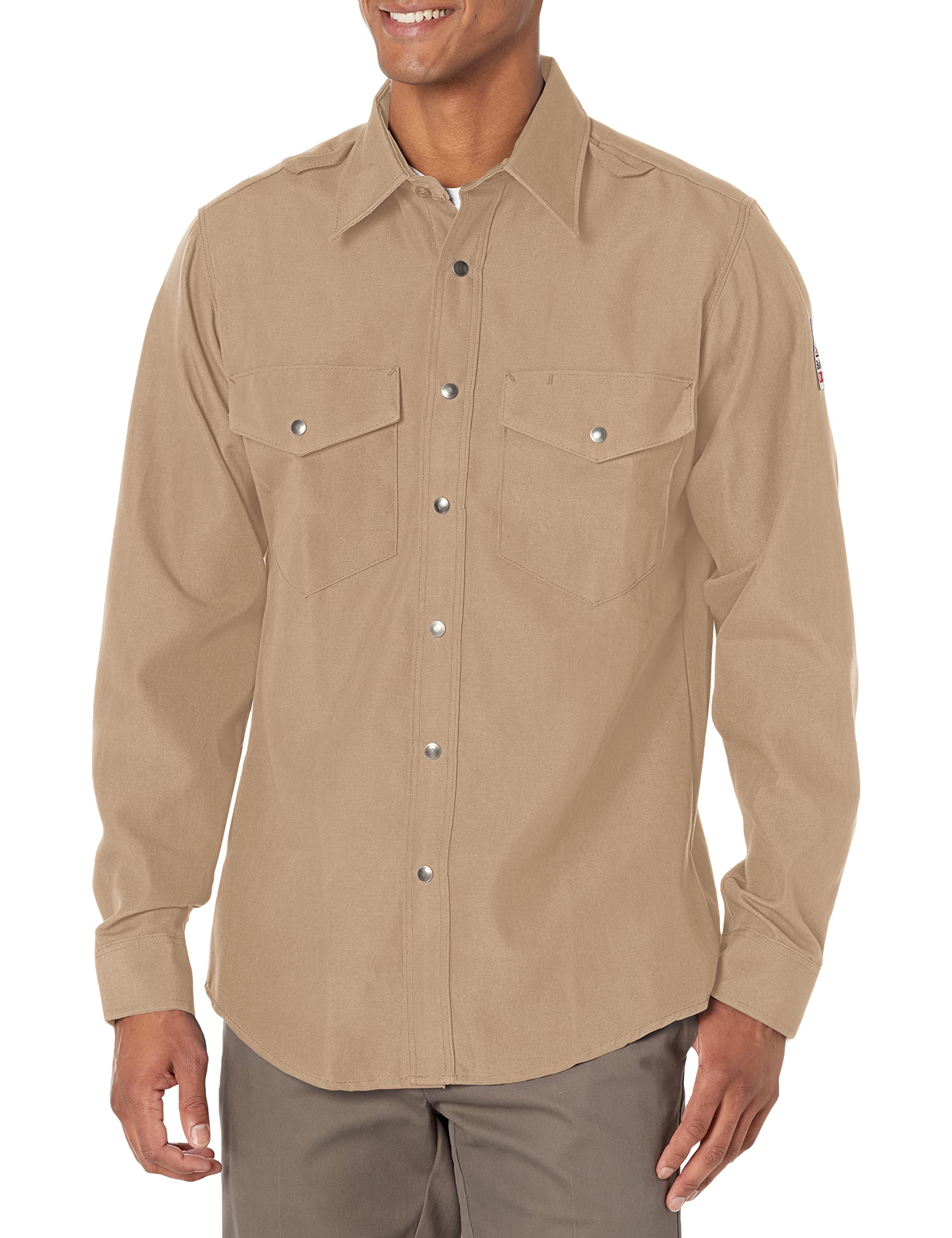 BulwarkFlame Resistant Nomex IIIA Snap-Front Uniform Shirt, Tan, XLarge/Long