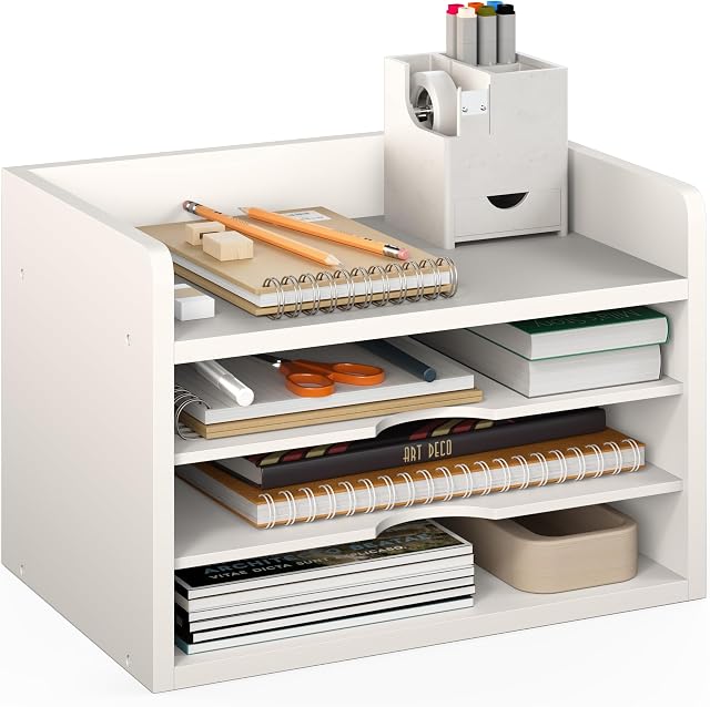 Ballucci Organisateur de fichiers, 4-Tier Organisateur de bureau, ouvert Haut organisateur de papier de bois pour la salle de classe, trieur de courrier de bureau Plateau de papier, blanc