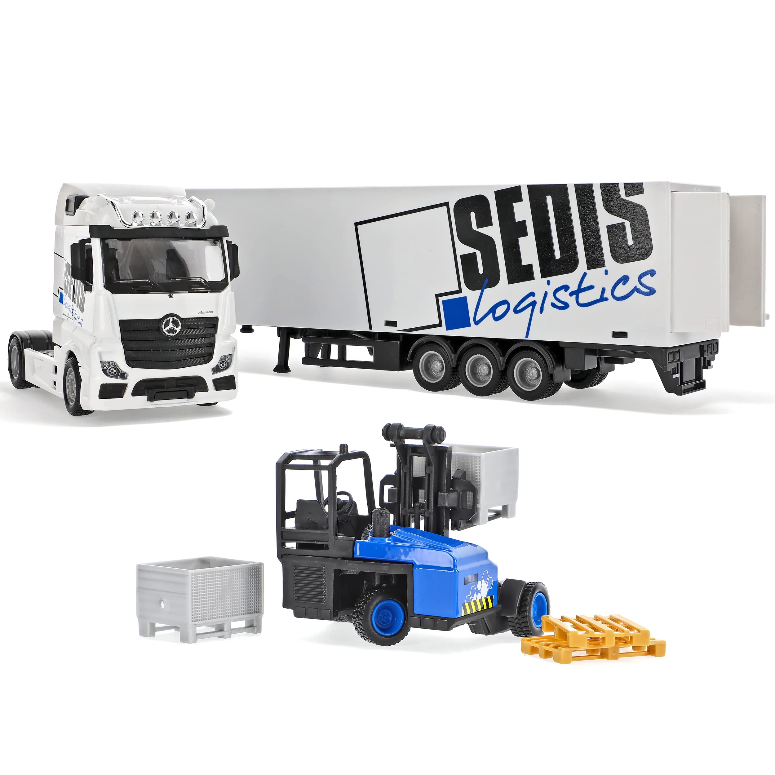Generisch Mercedes-B Actros 2545 Weiss Sattelschlepper mit Gabelstapler 1/43 Burago Modell Auto