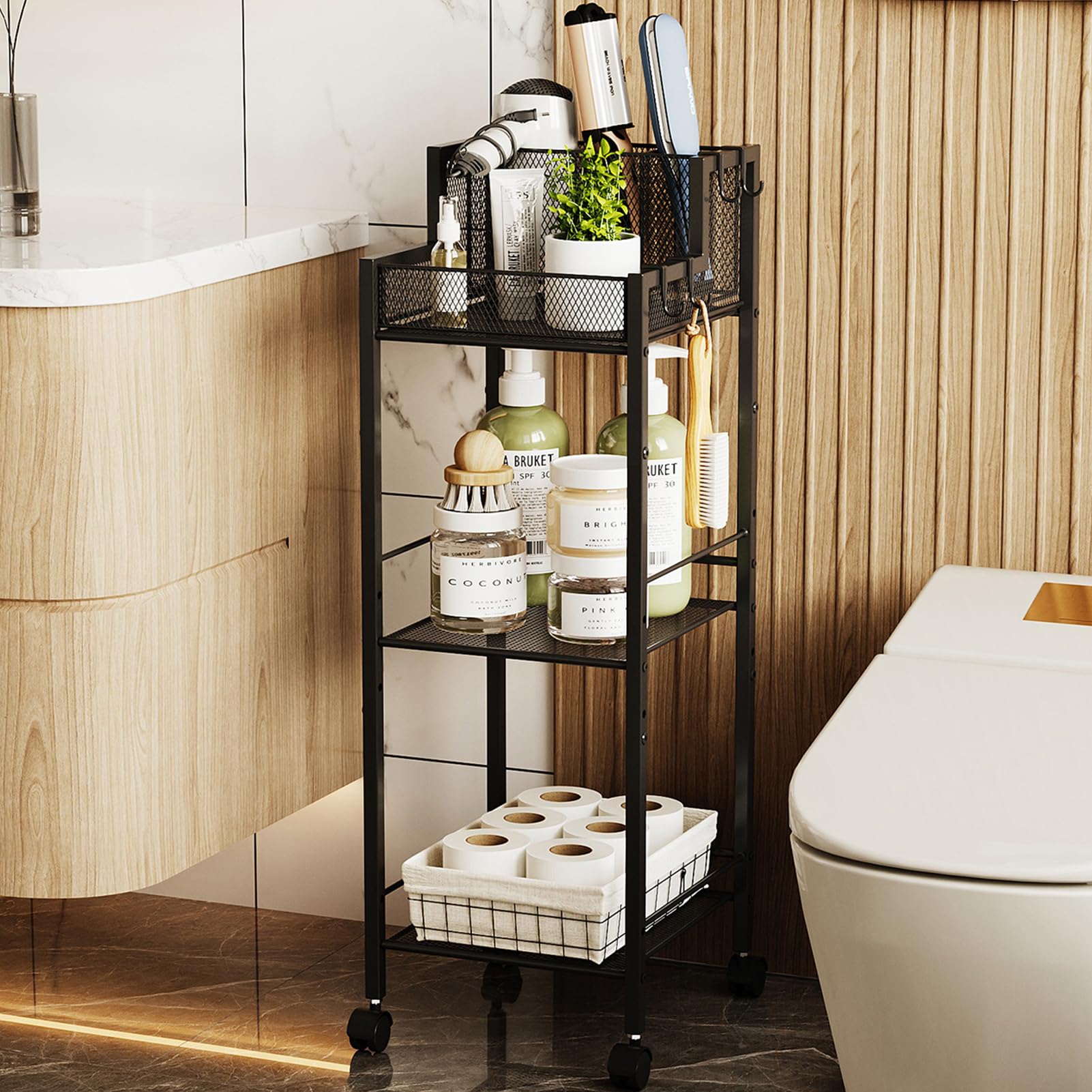 VITVITI Metal Hair Tool Organizer Shelf for Bathroom, 3 Tiers Hair Product Organizer Cart Floor Stand, Curling Irons Straighteners Storage Makeup for Vanity (Black Color)