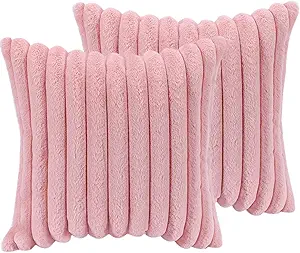 18x18 Throw Pillow Covers Set of 2, Decorative Faux Fur Covers for Bed, Couch Soft Fluffy Pillow Cover with Velvet Back for Living Room, Neutral Home Décor Accent for Sofa - Pink