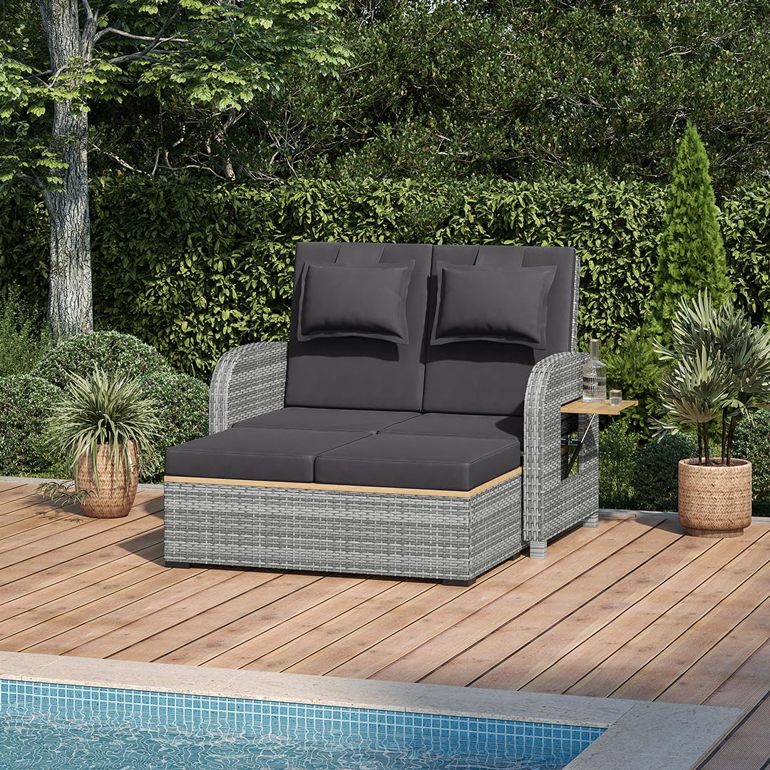 STEELSØN Caelum Sonnenliege mit Kissen Grau – Rattan Loungebett verstellbare Rückenlehne – Doppelliege ausklappbare Seitentische – Gartenliege wetterfest – Sonnenbett 2 Personen – mit Liegefunktion