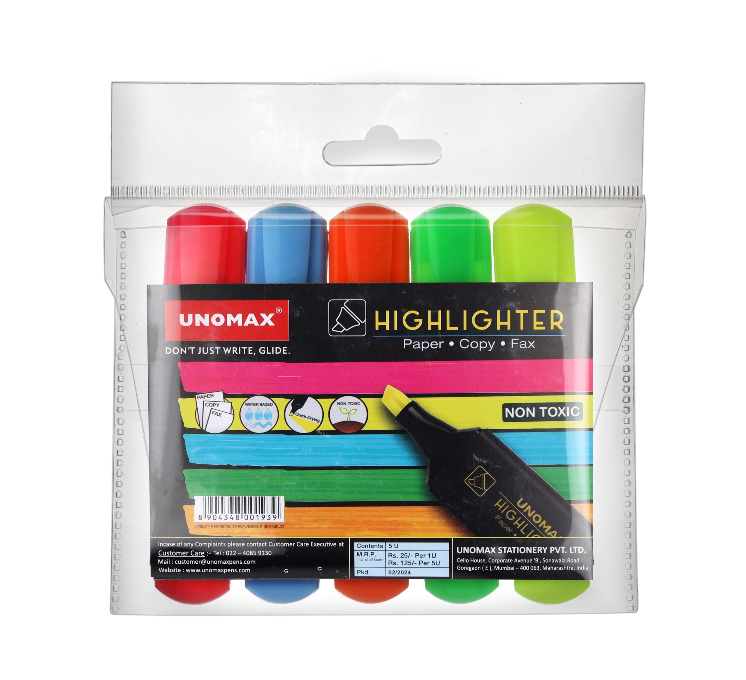 Unomax Textmarkerbeutel, 5 Stück, verschiedene Farben, flexible Linienbreite, schnell trocknend und verschmiert, ungiftige Tinte, sicher für Kinder, 5 glättende Farben