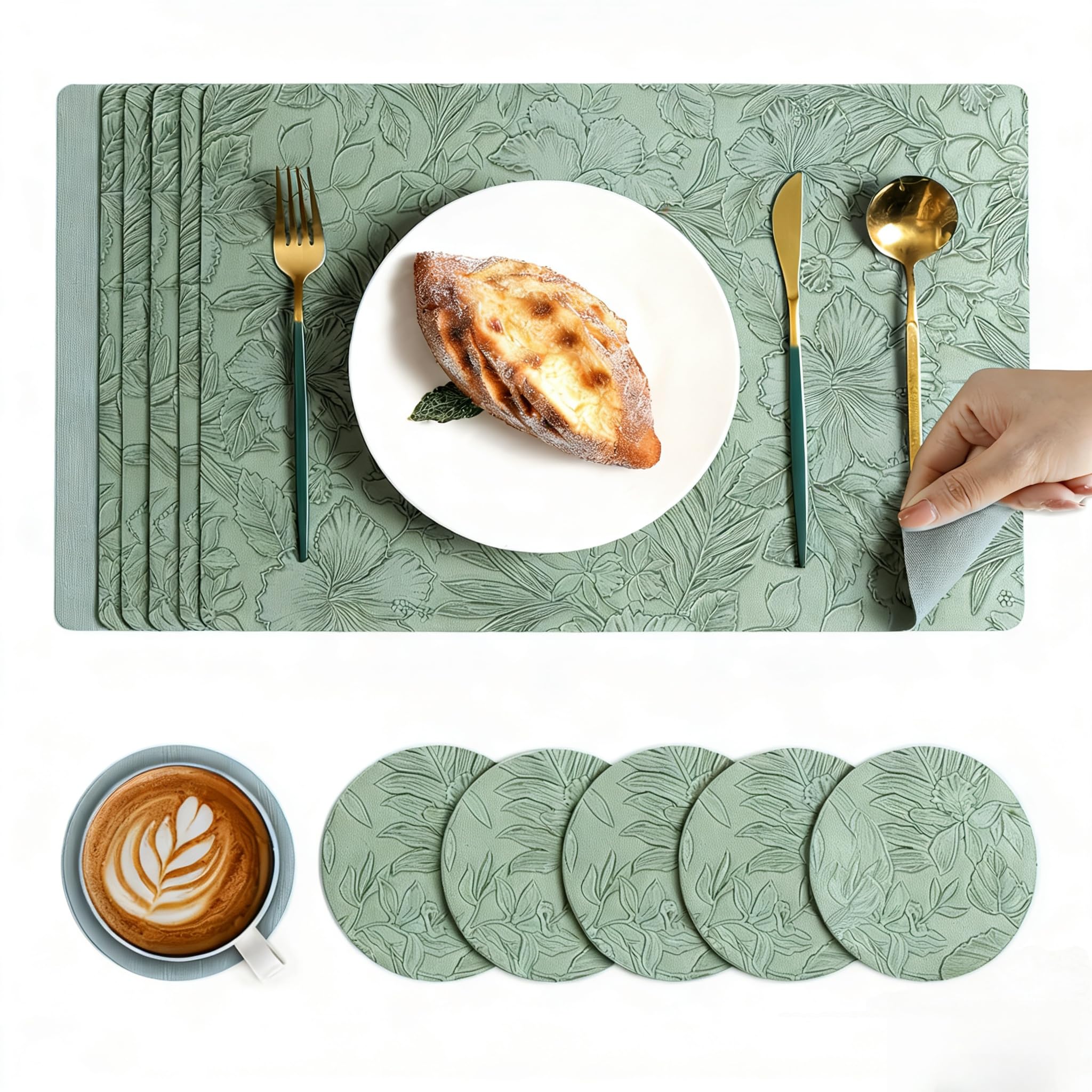 LOSTTYPE 6 Pack with 6 Coasters Set - Artificial Leather Heat Resistant Waterproof Table Mats for Kitchen Dining Table Restaurant Hotel Use, 43x30cm with 10cm Round Coasters, Floral Design（Green ）