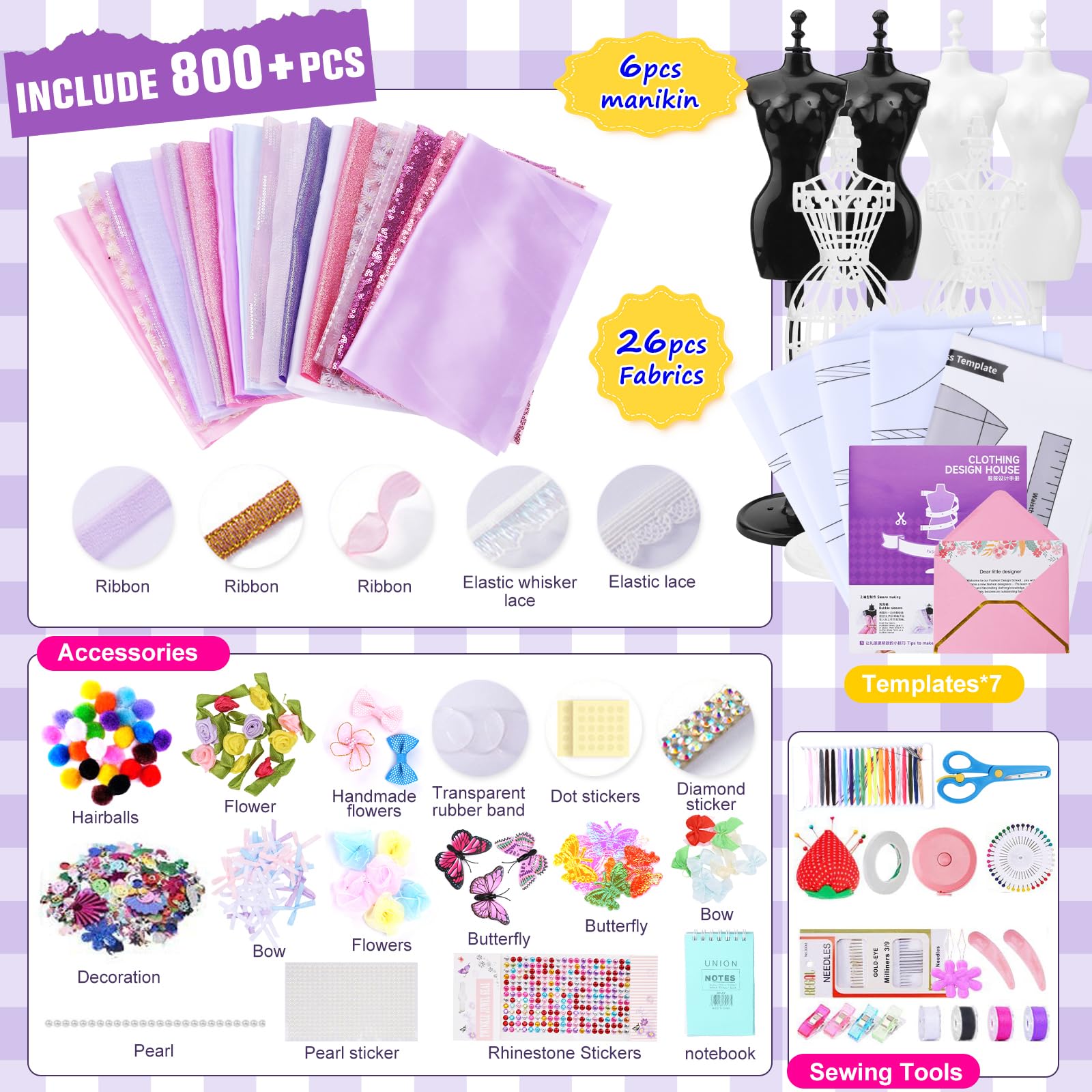 BBWELL Kit di Design di Moda per Ragazze,1200+Kit per Arte e Artigianato Creativi,Lavoretti Creativi Arte e Artigianato Fashion Designer Kit,Cucito Giochi Lavoretti per Ragazze 6-12+ Anni Regali