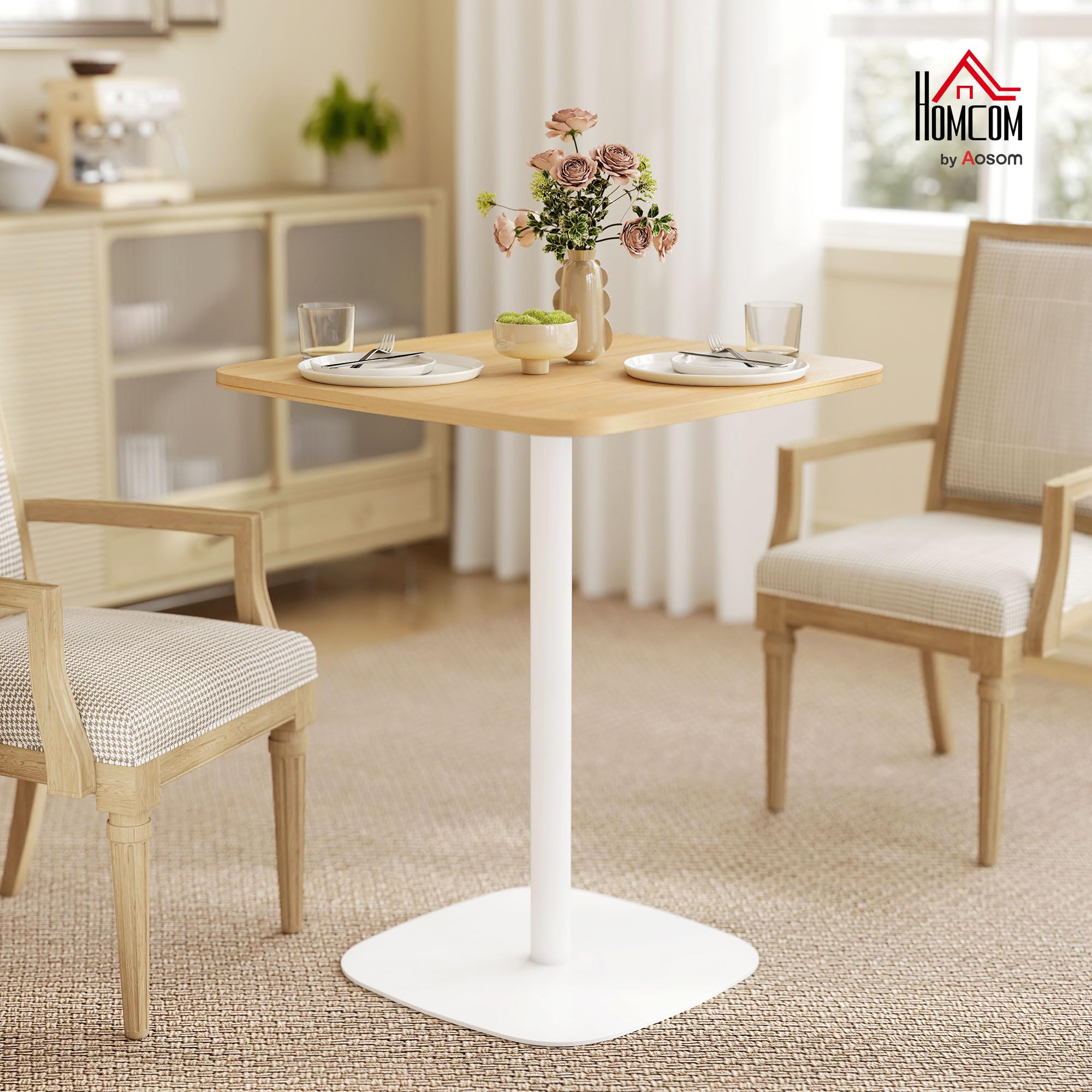 HOMCOM Mesa de Comedor Pequeña para 2 60x60x75cm Madera Natural y Blanco | Mesa de Cocina Cuadrada para 2 Personas, Base Cuadrada de Acero, para Espacios Pequeños, Salón