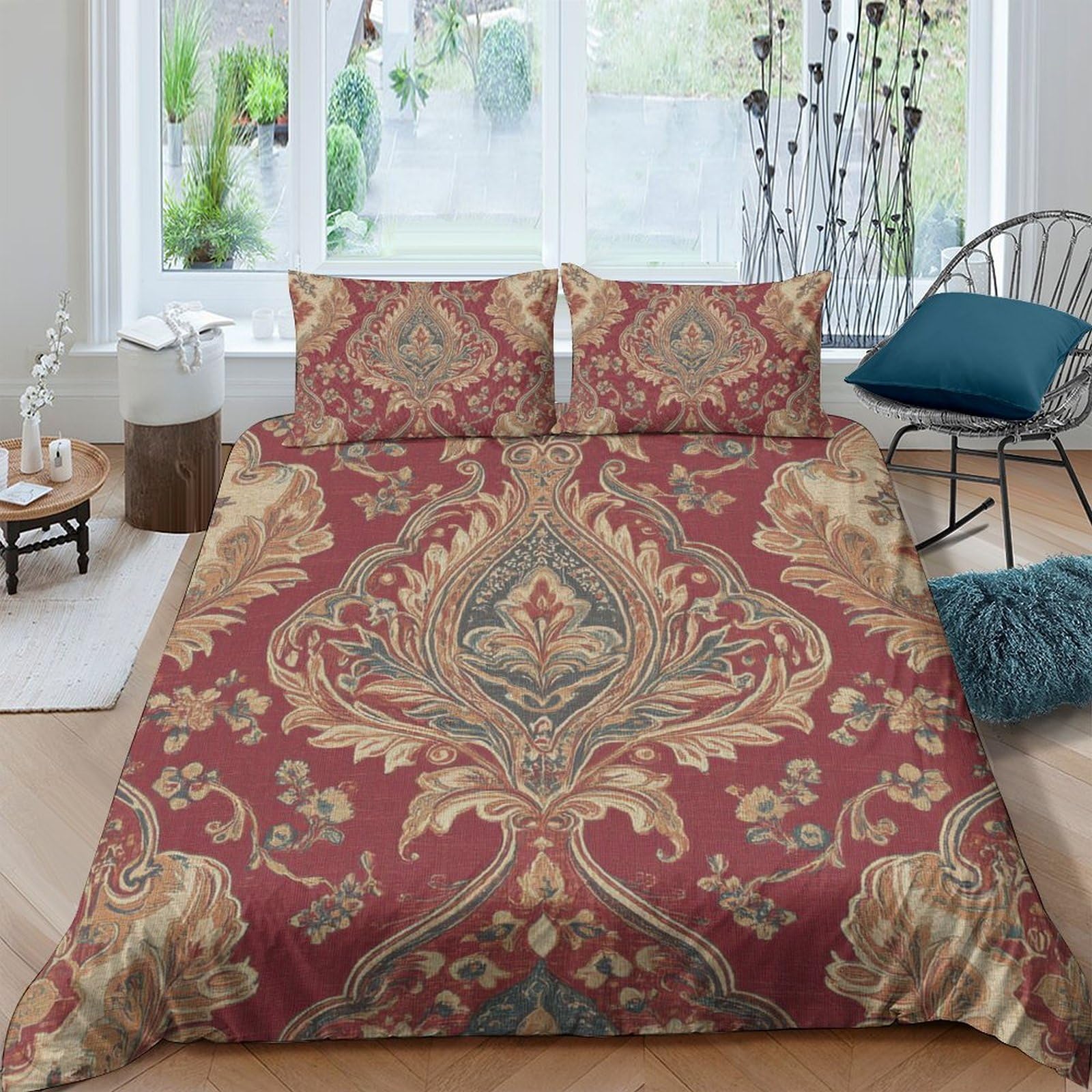 GPLZQXKJNH 3D Printed Vintage Damask Duvet Cover Microfiber Soft Breathable Baroque Ornate Bedding Set with 2 Pillowcases for Bedroom Decor Single（135x200cm）