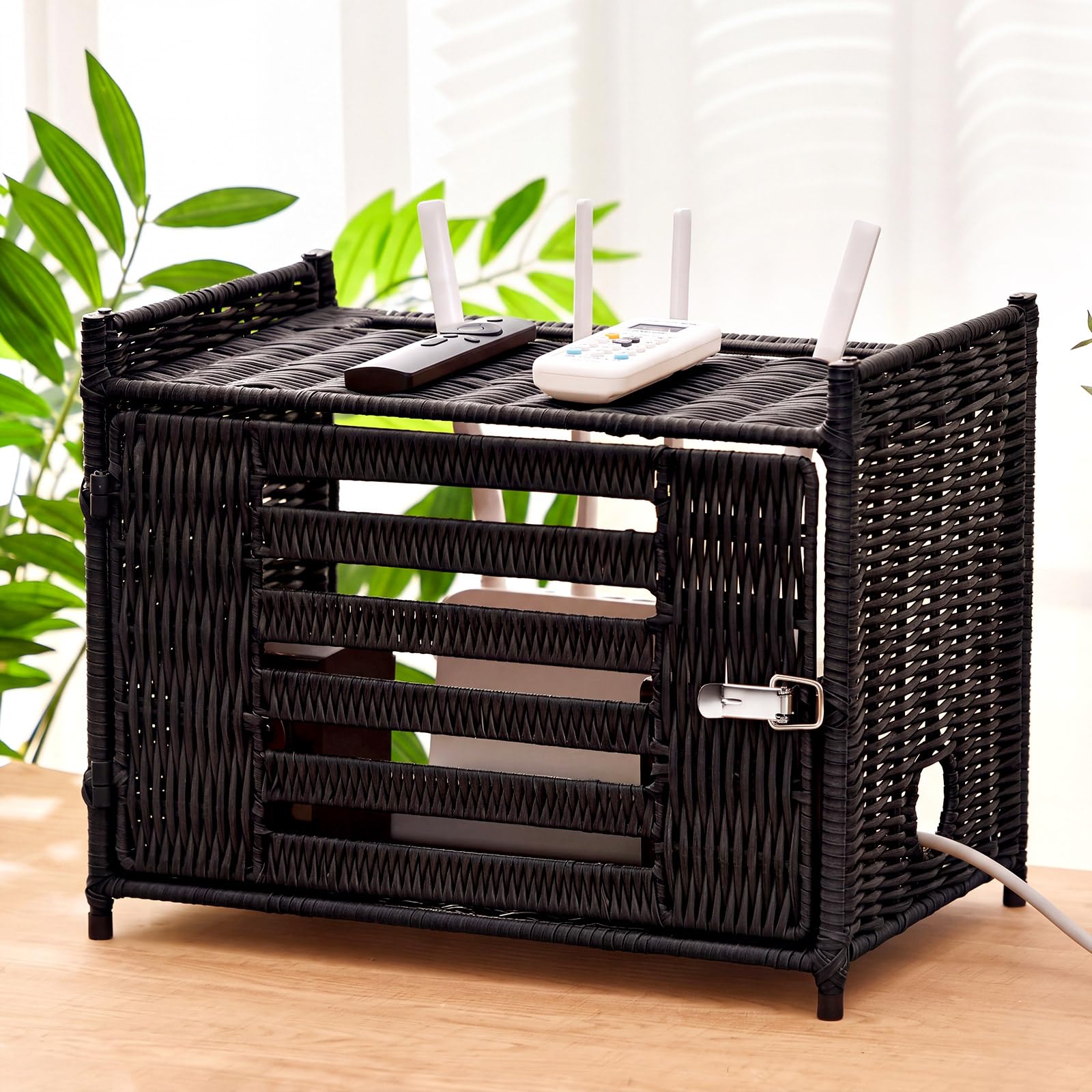 Novabright Rattan Router Box Hider, Wi-Fi Shelf, Plastic Rattan, Black