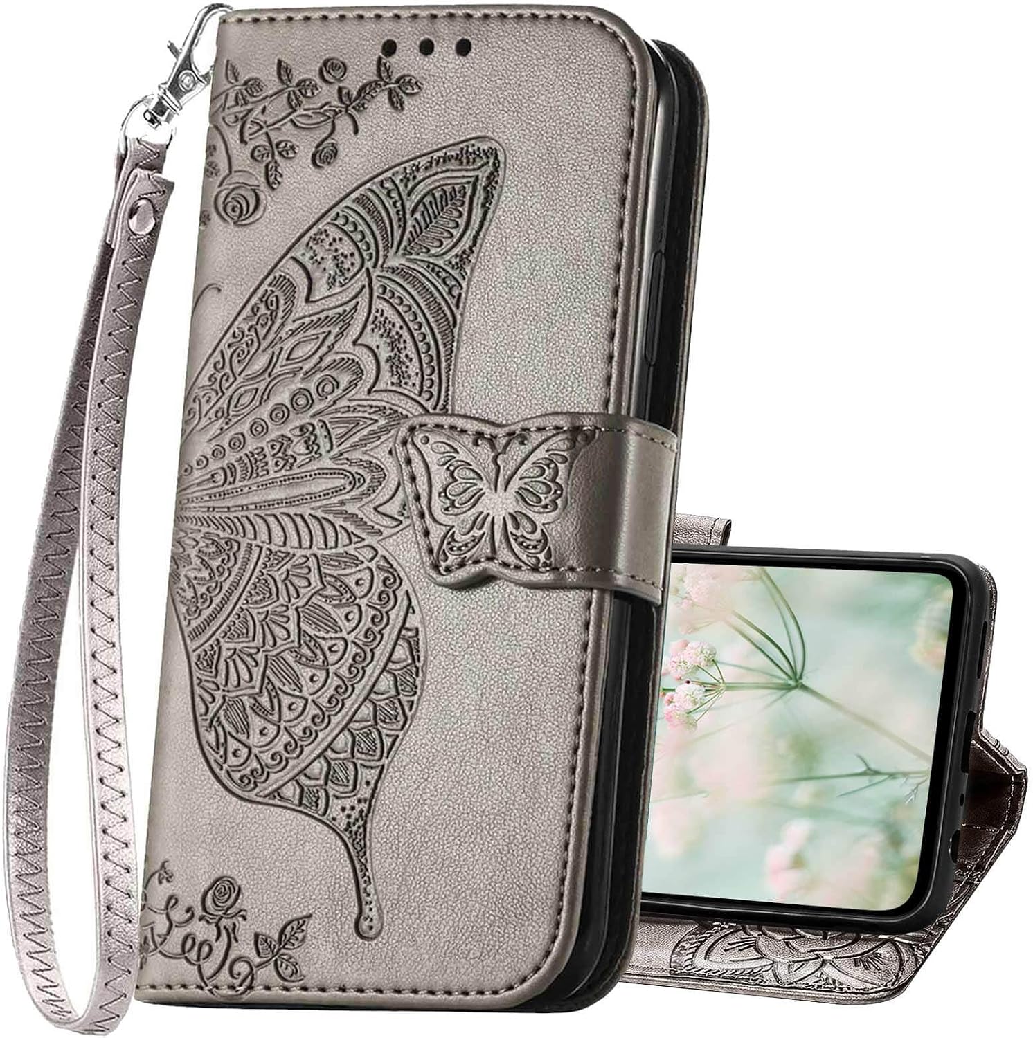 for Galaxy A16 5G Phone Case Wallet,Women Flip Cover with Credit Card Holders Butterfly Embossed PU Leather Stand Wrist Strap Purse Protective Case (Purple)