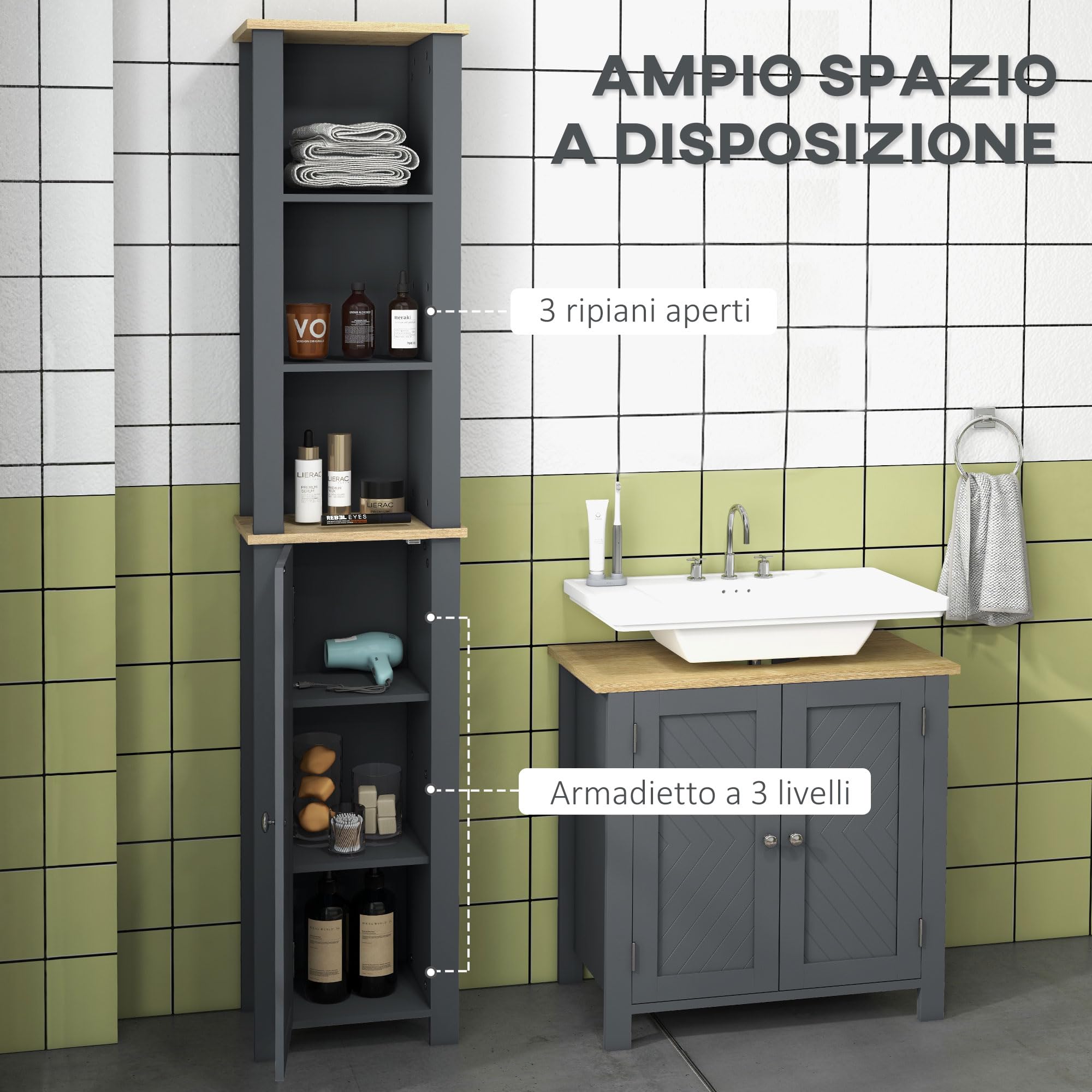 Mobile Bagno Salvaspazio 32x30x80cm Grigio - Con Armadietto E Ripiano Aperto - Foto 2