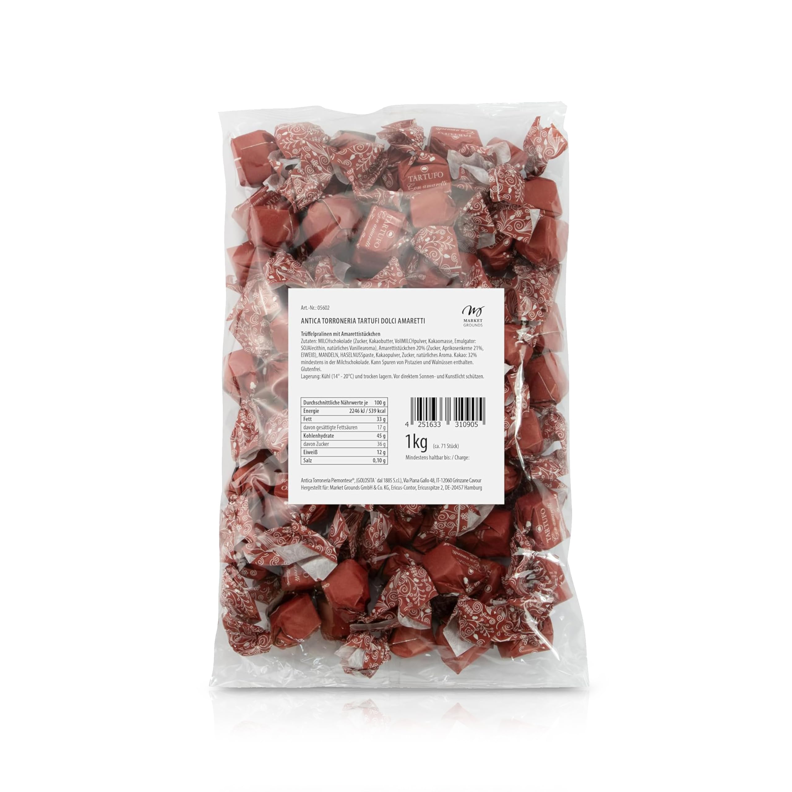 Antica Torroneria Piemontese Tartufi Dolci Amaretti, 1kg – Feinste exquisite Italienische Trüffelpralinen, Glutenfrei & Köstlich, Ideal als Edle Geschenkidee - 70 Stück, je 14g