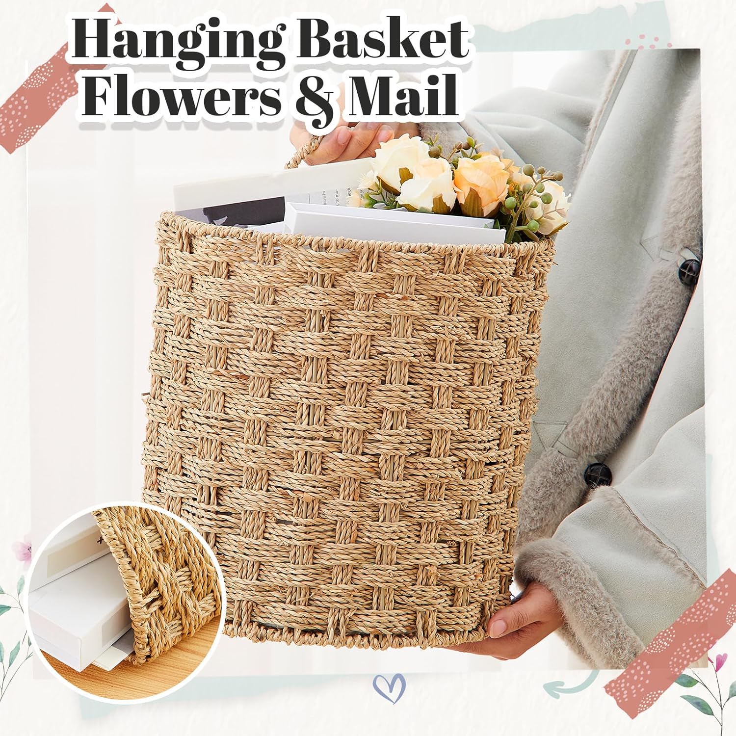 Chunful 2 Pcs Seagrass Hanging Wicker Basket, Natural Wicker Decorative Baskets, Handmade Woven Storage Organizer for House Garden Wedding Wall Decorations, Large & Small Size