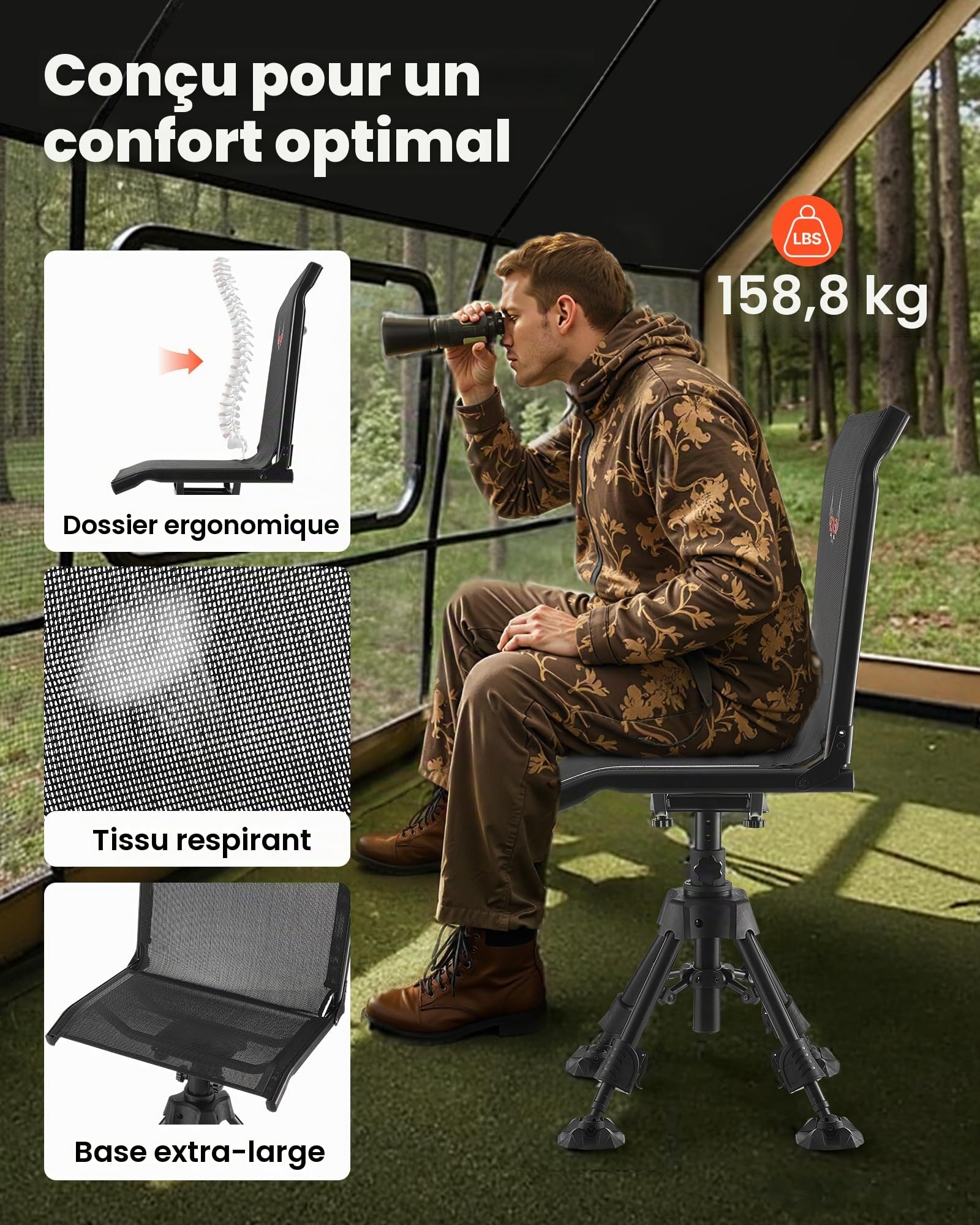 VEVOR Chaise de Chasse Silencieuse Pivotante à 360°, Siège de Chasse Pliable et Portable, Cadre en Acier Robuste, avec Pieds Anti-enfoncement, Hauteur Réglable, Capacité de 158 kg, Pêche Camping