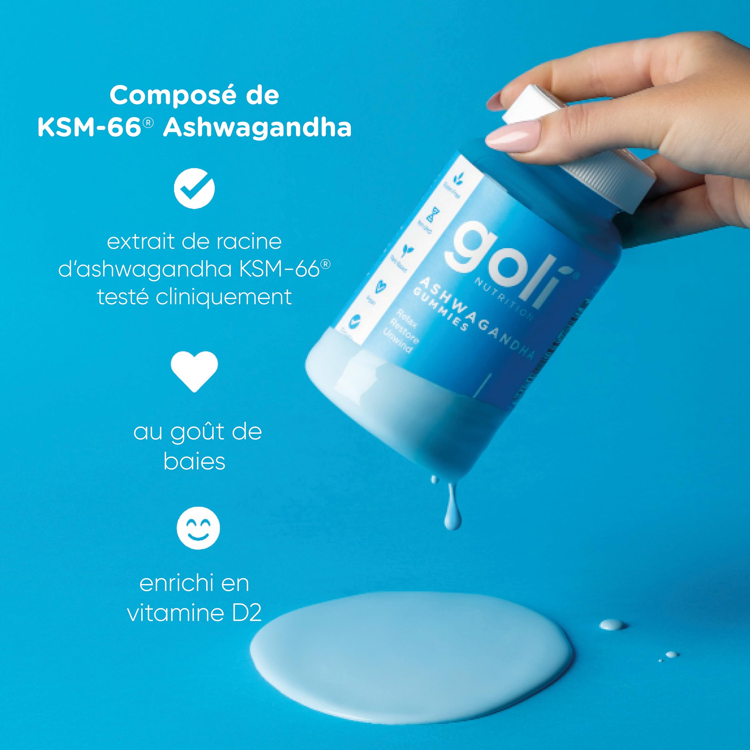 Goli Nutrition, Ashwagandha Gummies avec Vitamine D, 120 Gommes végétaliennes, Sans Gélatine, Sans Gluten, Végétarien, Sans Soja, Sans OGM
