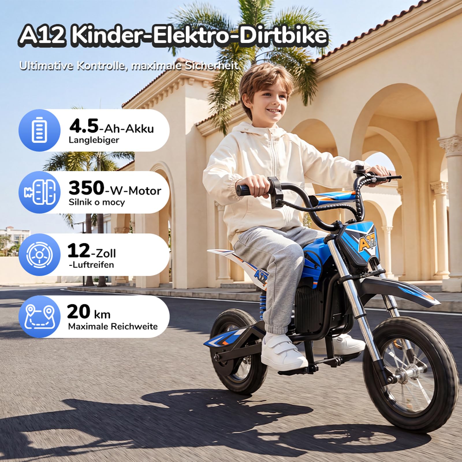 A12 Elektro Motorrad für Kinder ab 110cm Körpergröße 3–12-Jährige (Blau) | Elektromotorrad mit 350W Motor, 3 Geschwindigkeitsmodus, 20KM Max Reichweite, 12 Zoll Luftreifen,LED,doppelte Stoßdämpfung