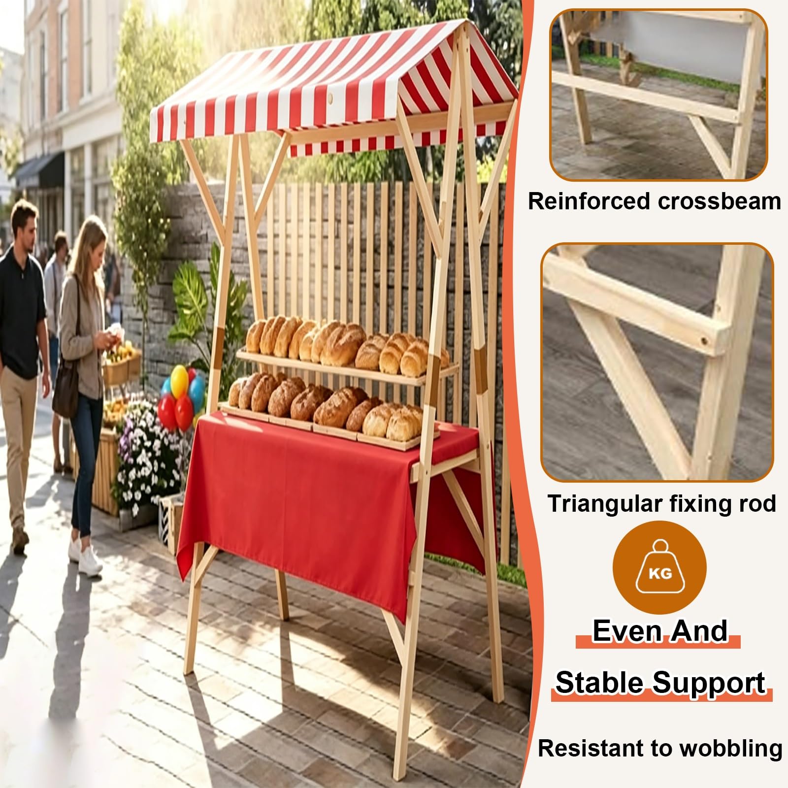 Carretto per Alimenti Pieghevole in Legno con Tettuccio, Banchetto Stile Mercato, Carretto per Venditori Ambulanti, per Eventi E Festival(White,120cm/47.2in)