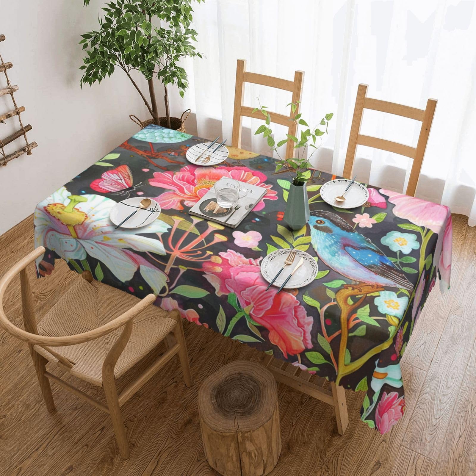 Nappe rectangulaire imprimée jardin et fleurs 137x183 cm en polyester avec dentelle pour buffet